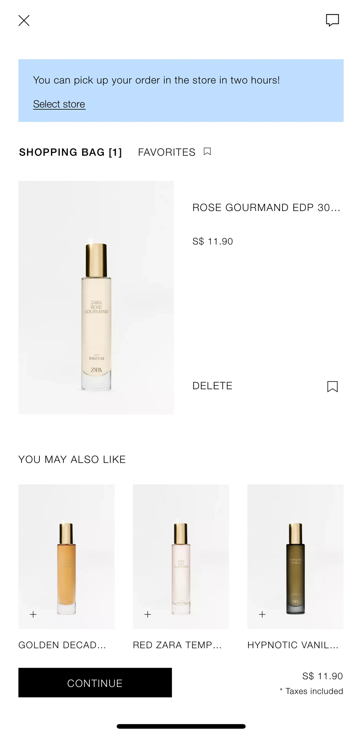 Zara Screen screen in the Deleting an item from cart flow