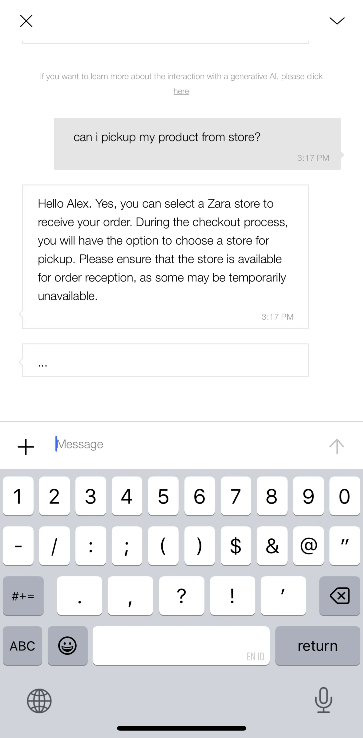 Zara Screen screen in the Ending chat with virtual assistant flow
