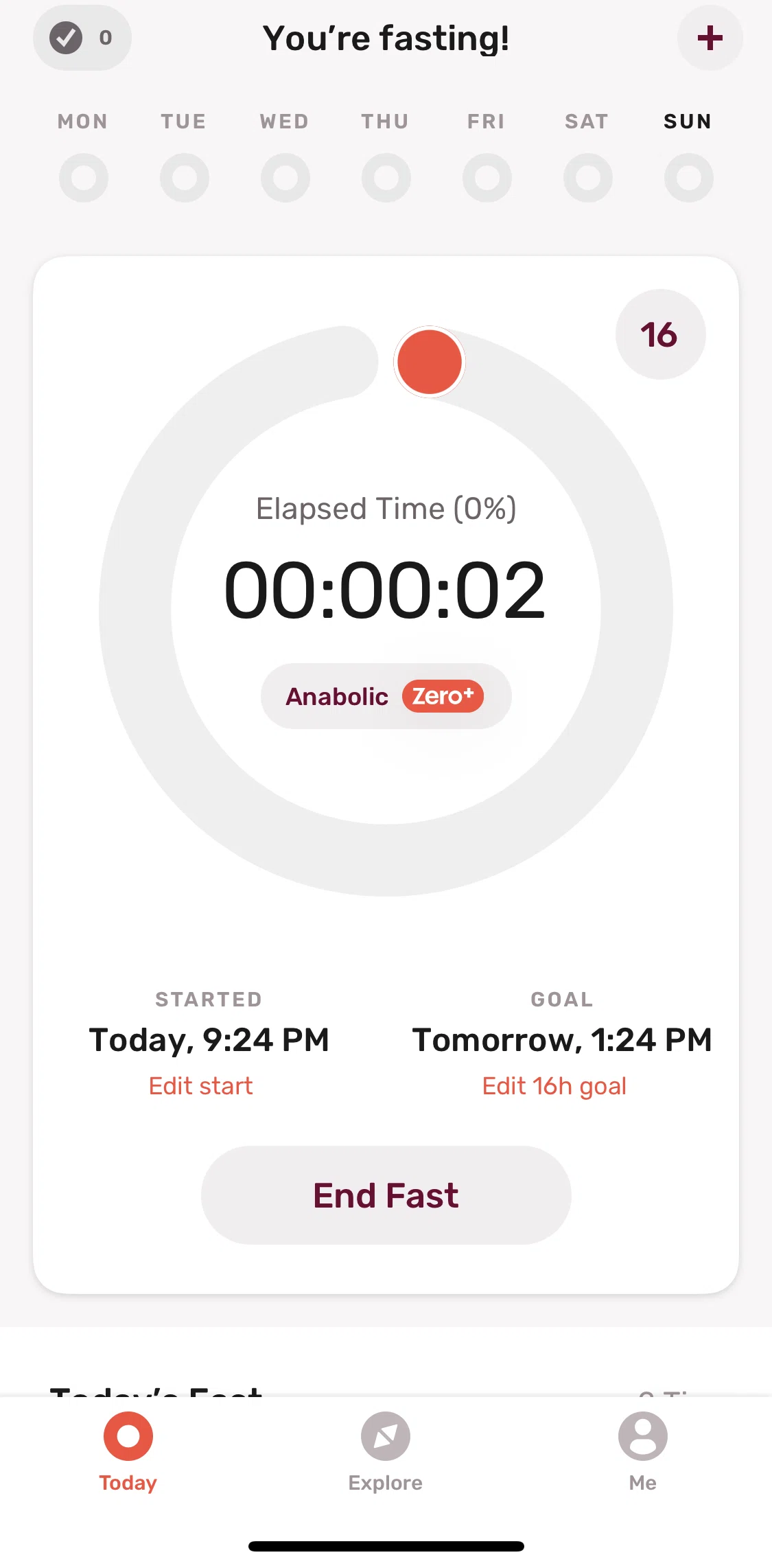 Zero Screen screen in the Changing fasting goal flow