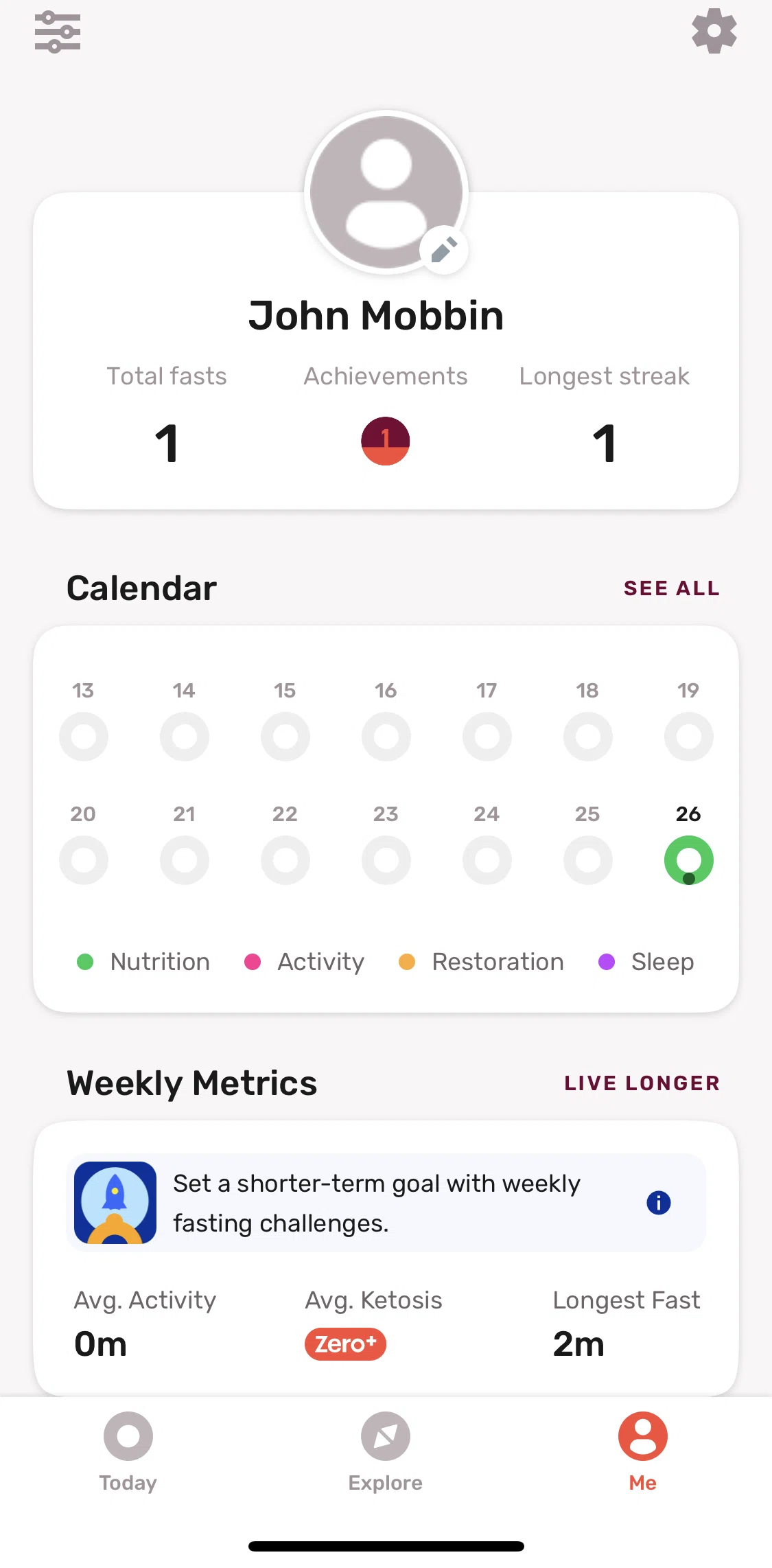 Zero Screen screen in the Me flow