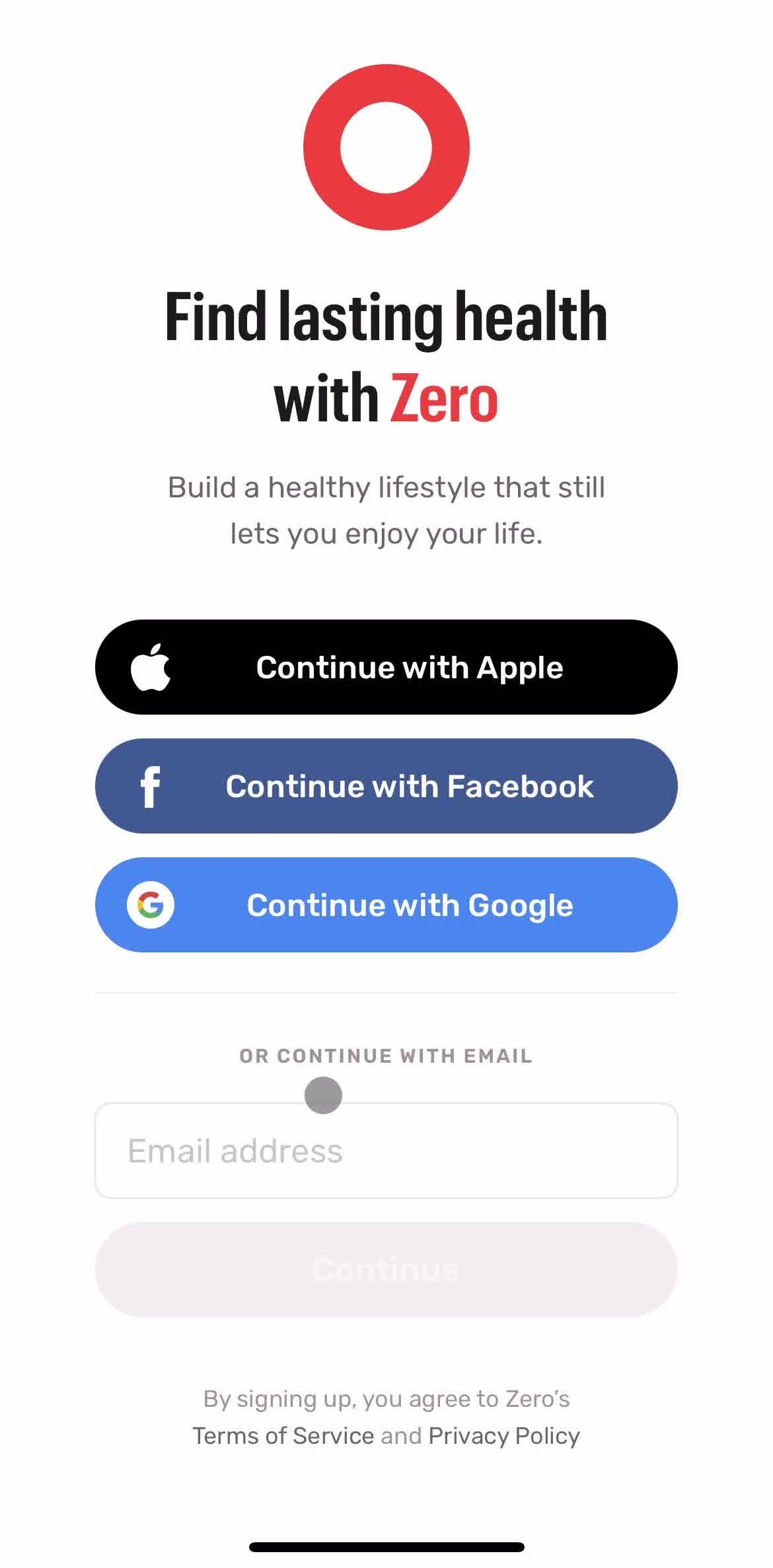 Zero Login screen in the Onboarding flow