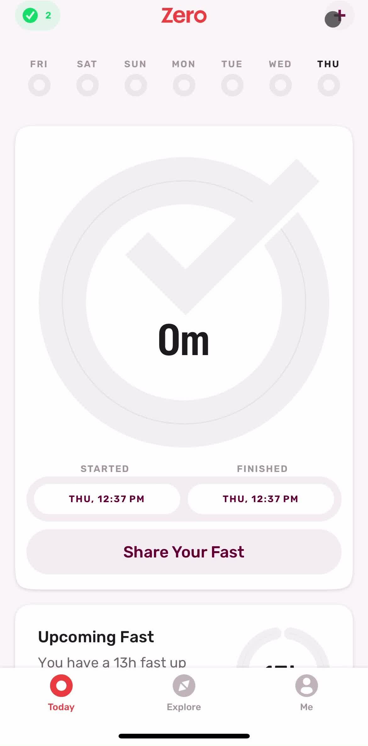 Zero Home screen in the Starting A Fast flow