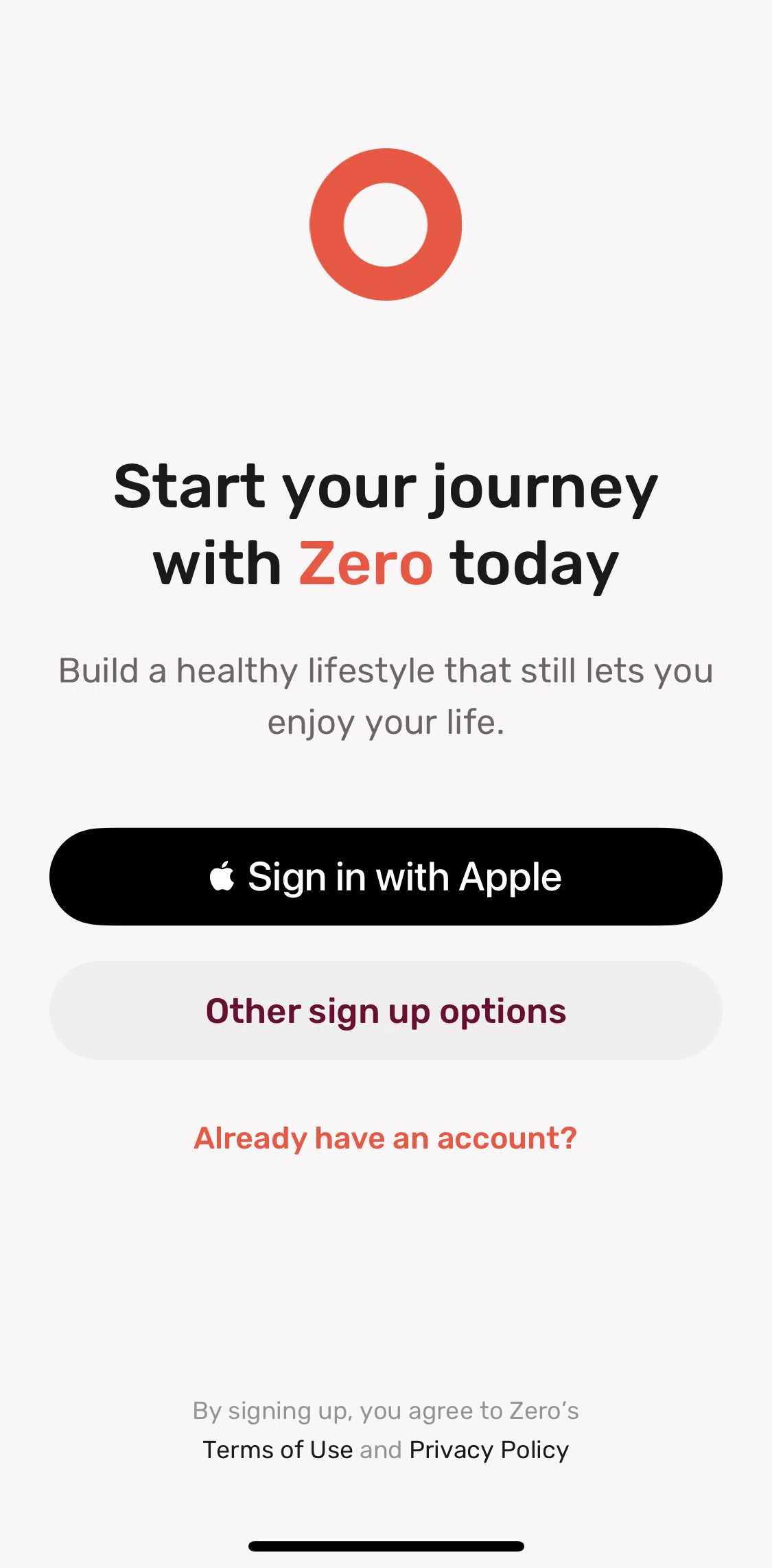Zero Screen screen in the Terms of use flow