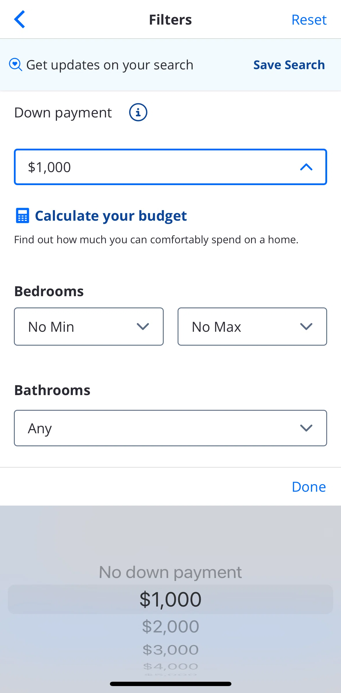 Zillow Screen screen in the Calculate budget flow