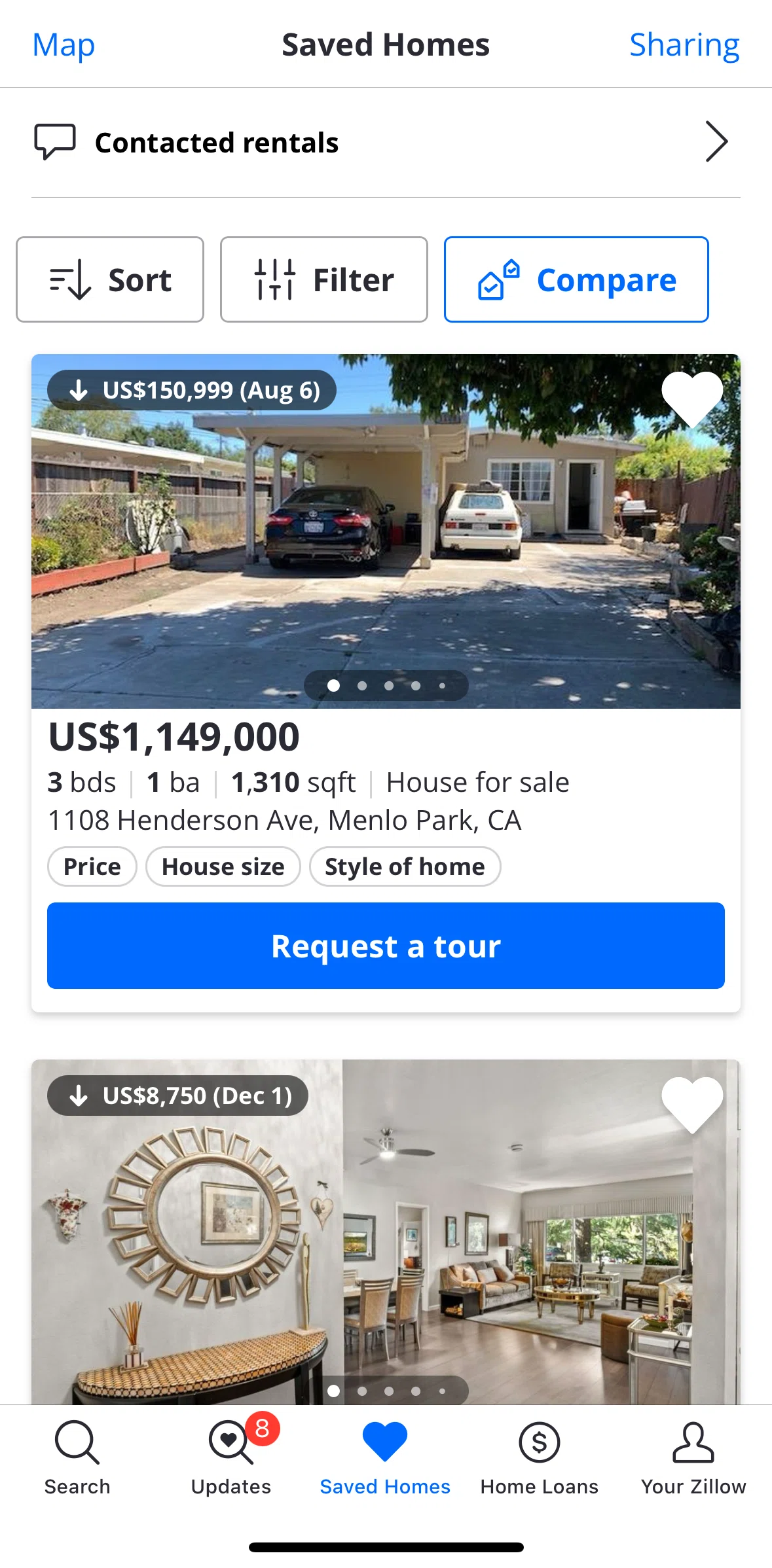 Zillow Screen screen in the Comparing saved homes flow