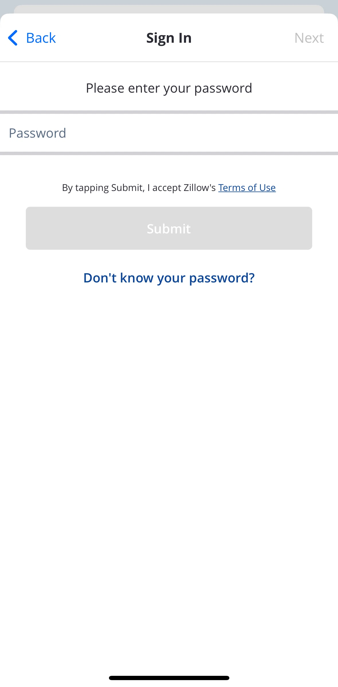 Zillow Screen screen in the Forgot password flow