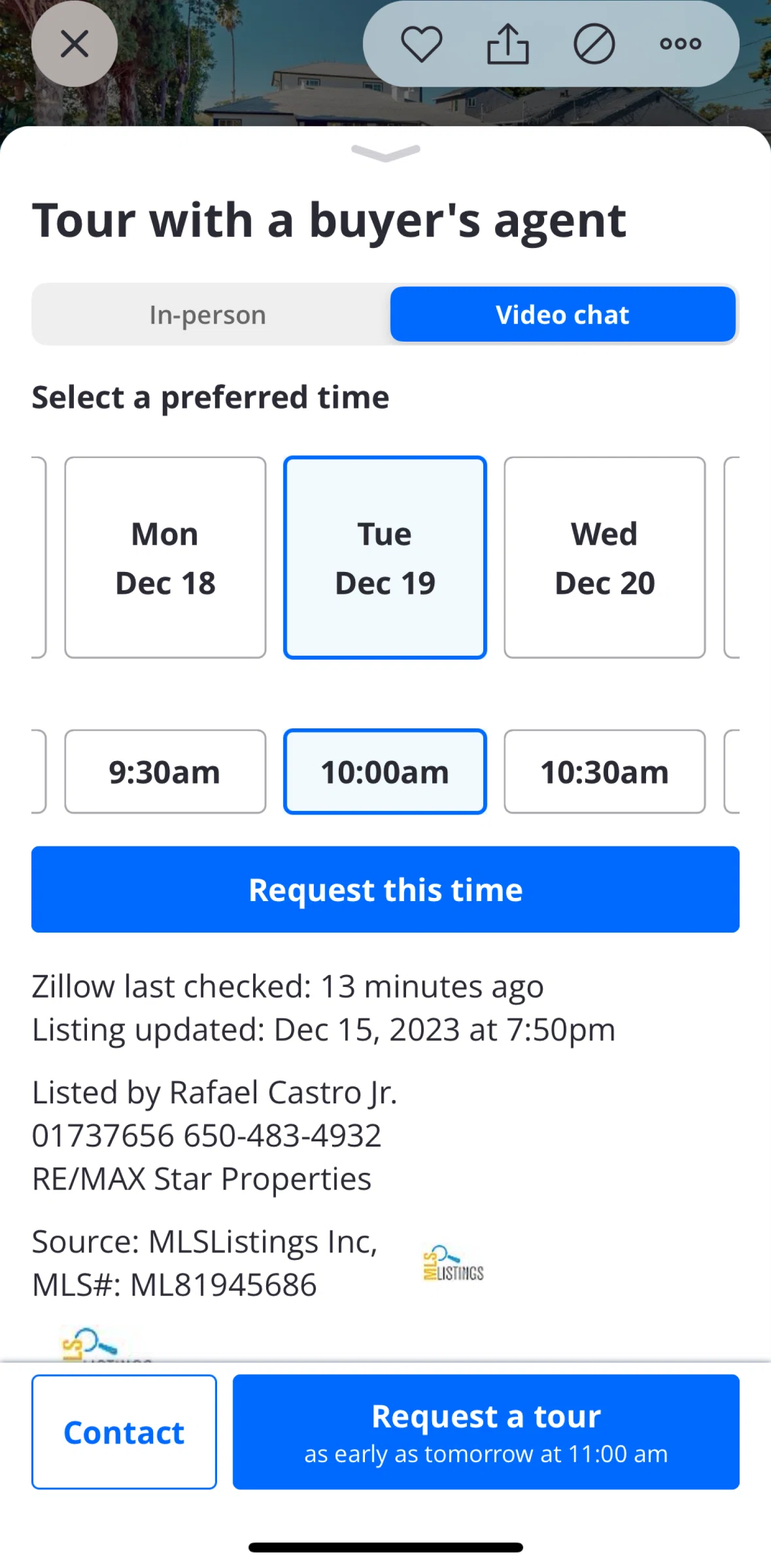 Zillow Screen screen in the Requesting a tour flow