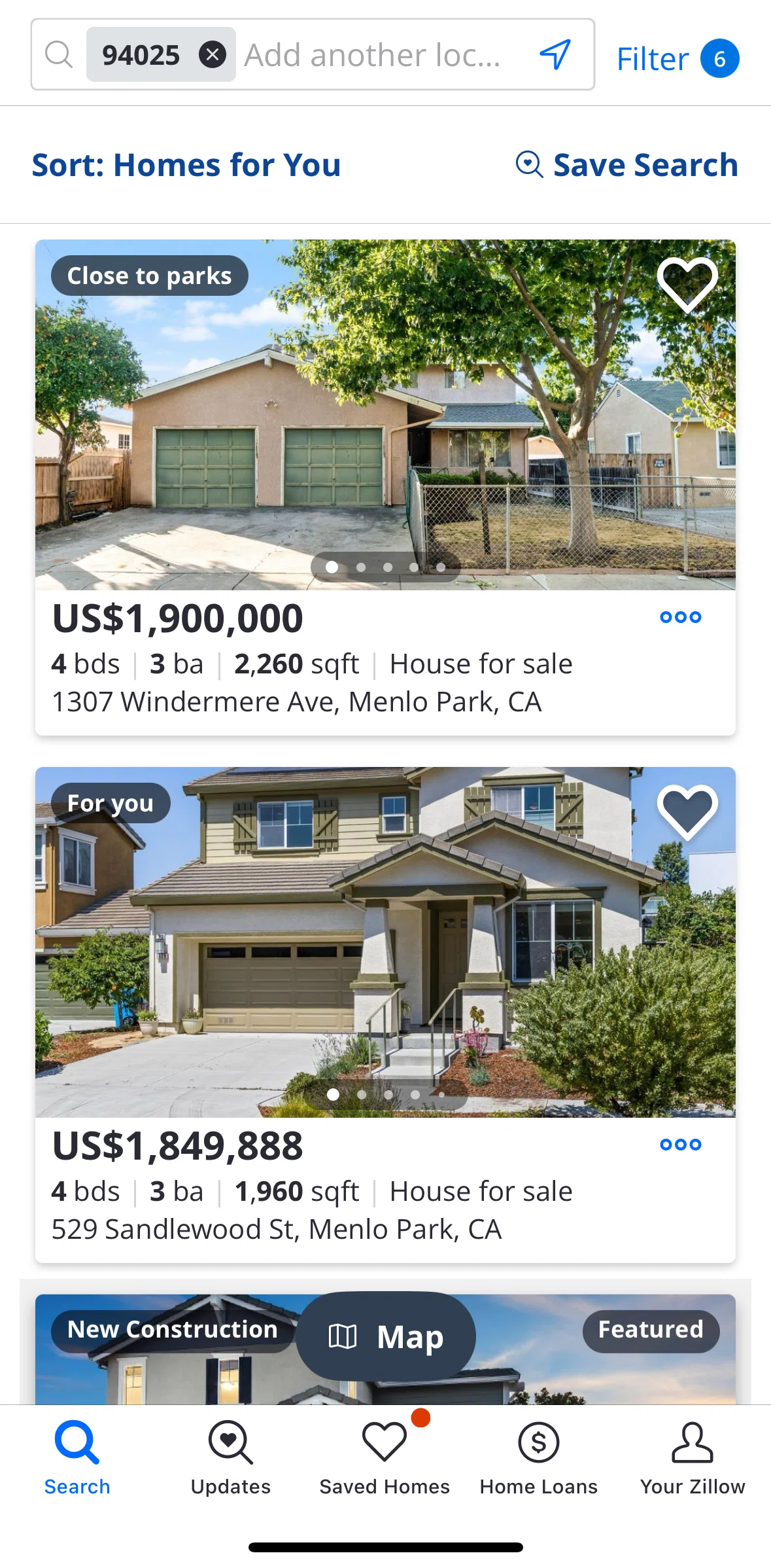 Zillow Screen screen in the Saving a search flow