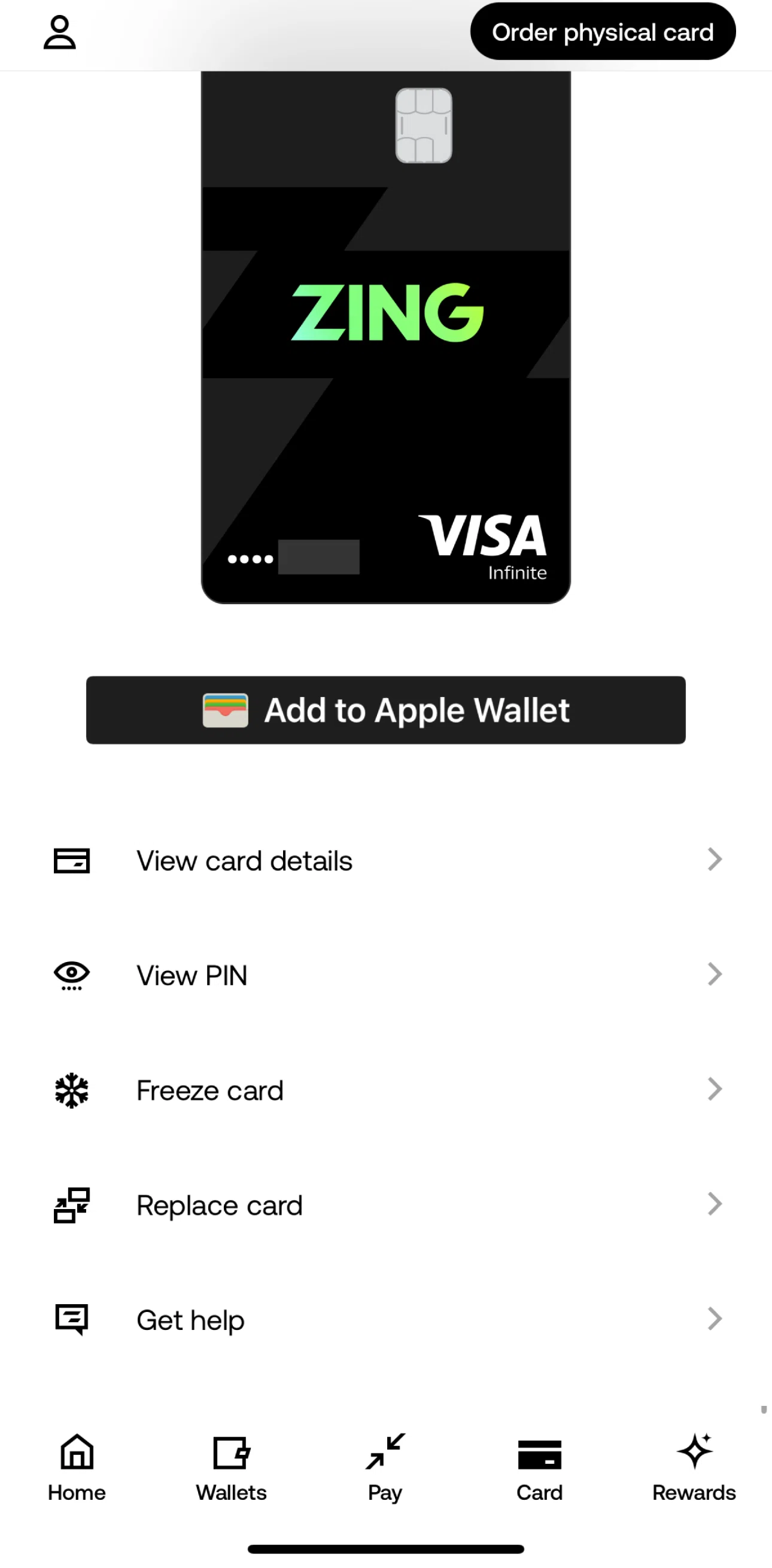 Zing Screen screen in the Card detail flow