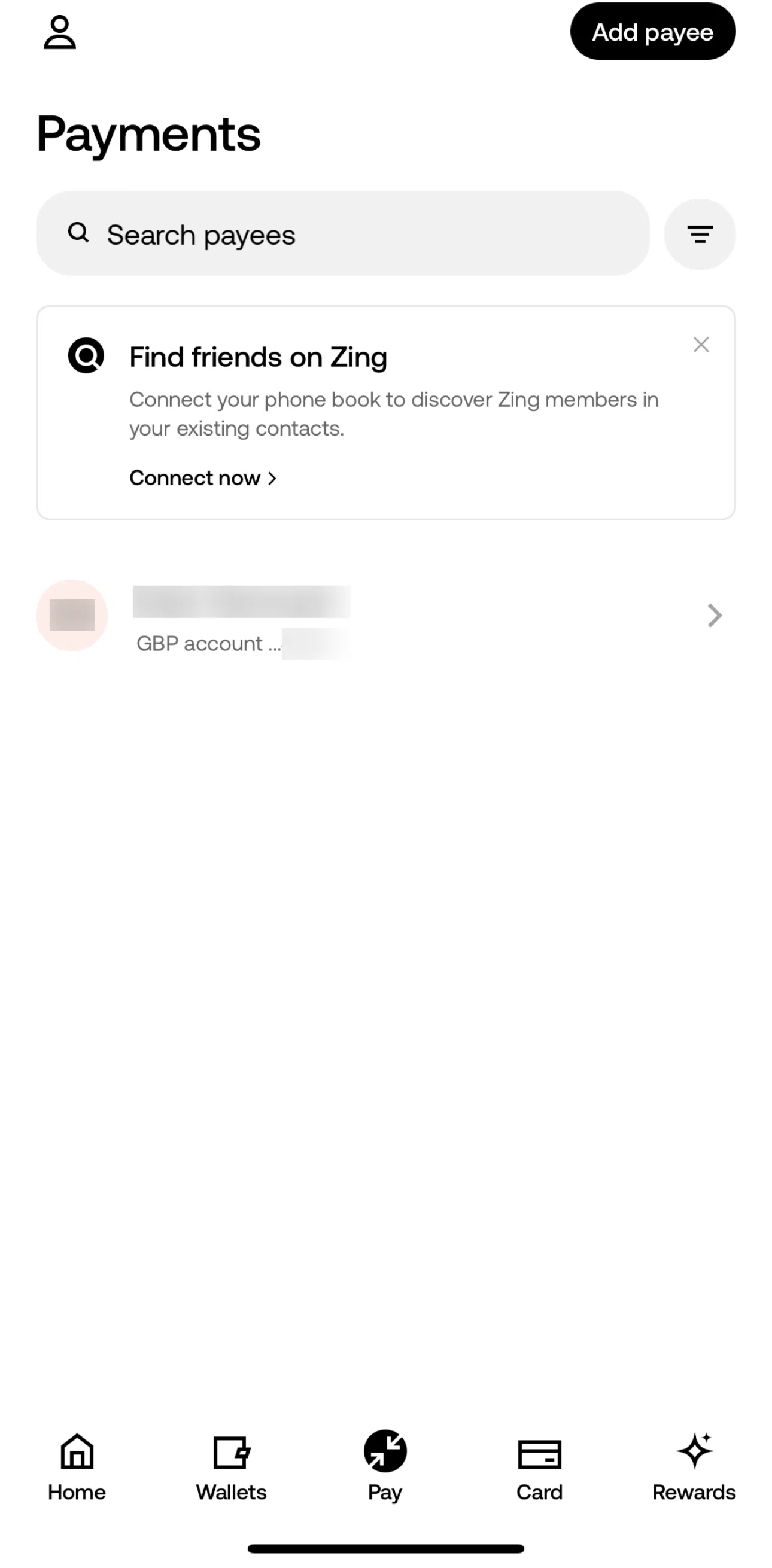 Zing Screen screen in the Filtering payments flow