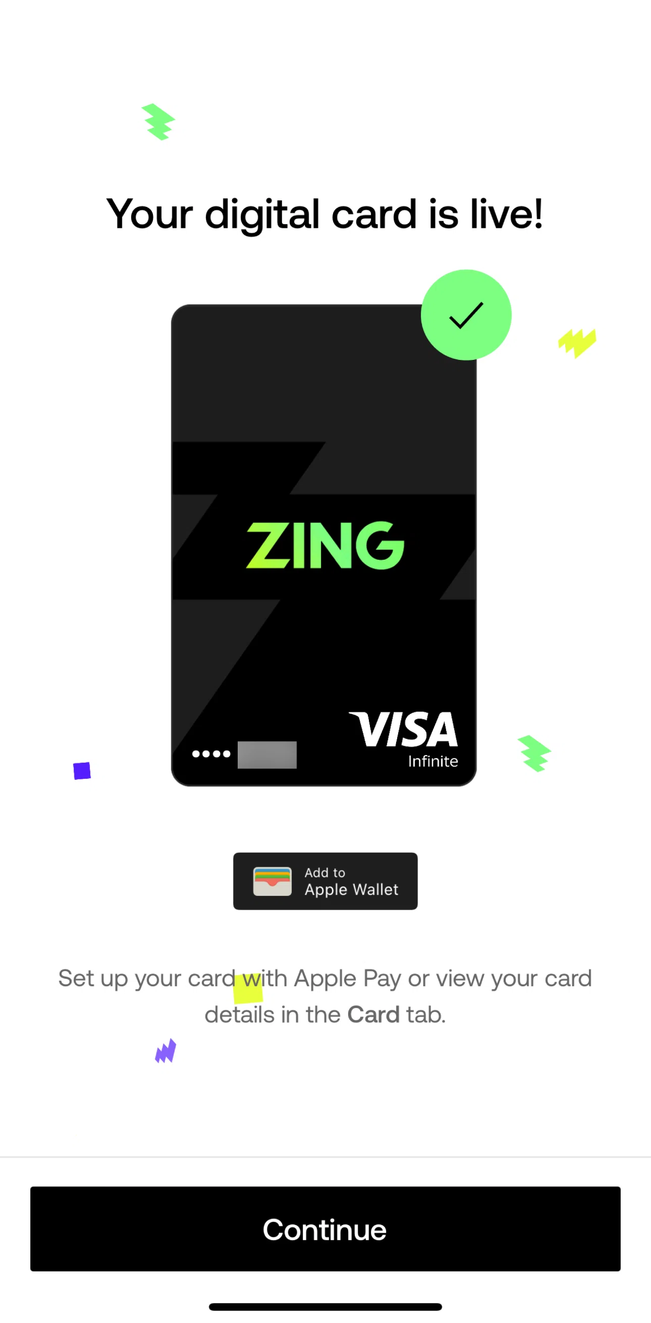 Zing Screen screen in the Order a Zing card flow