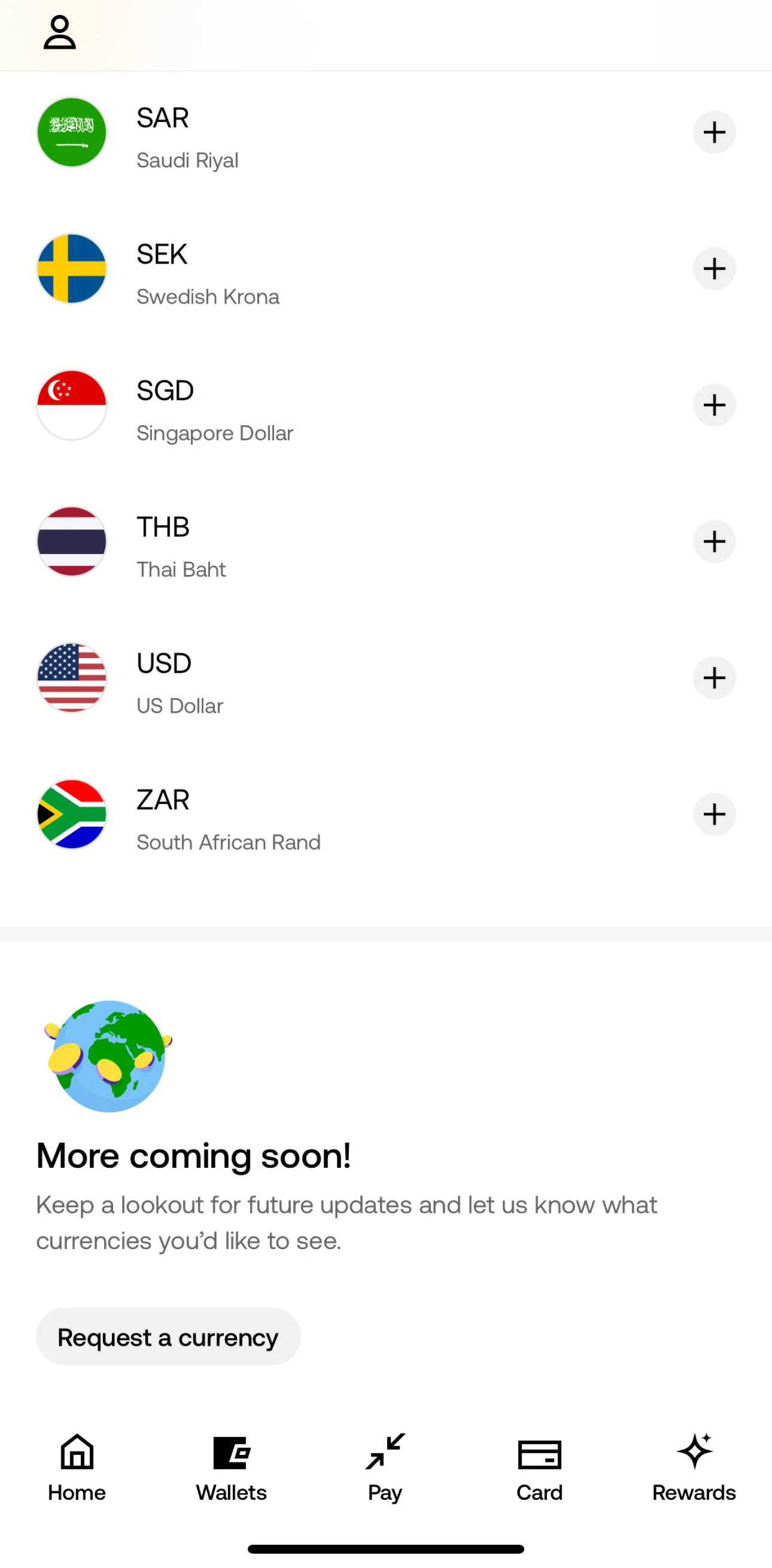 Zing Screen screen in the Requesting a currency flow