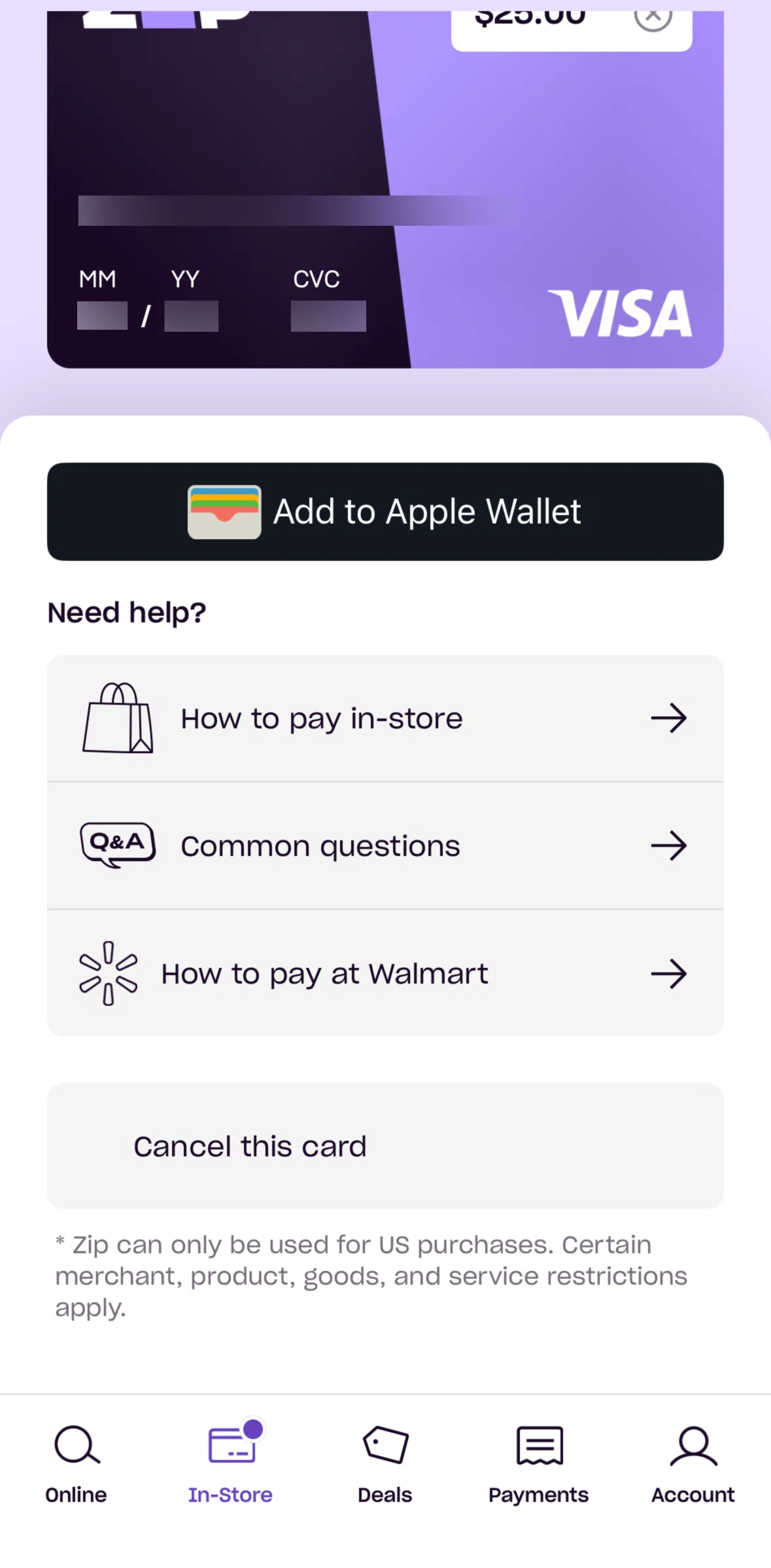 Zip Screen screen in the Canceling a card flow