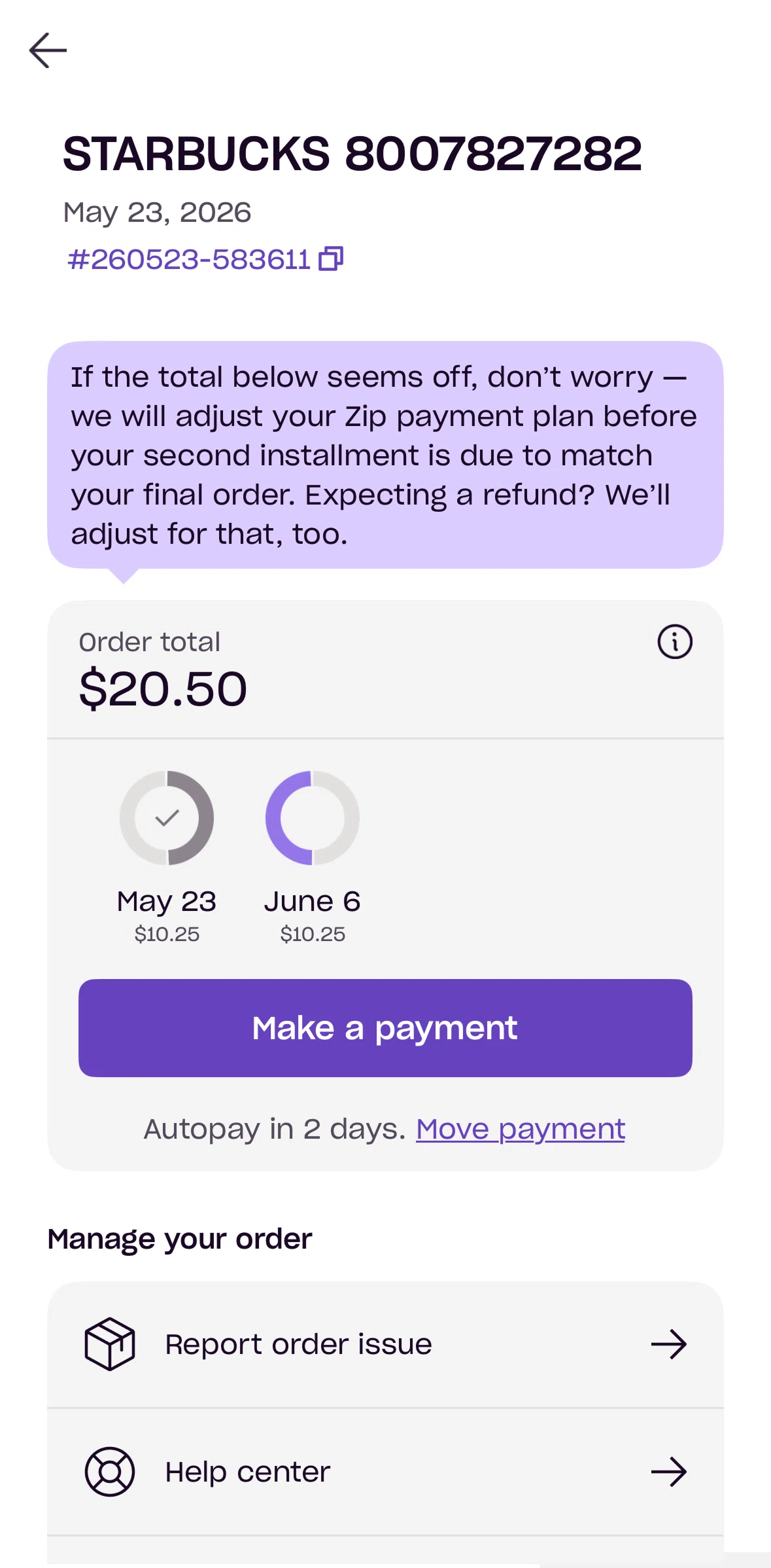 Zip Screen screen in the Completing a payment flow