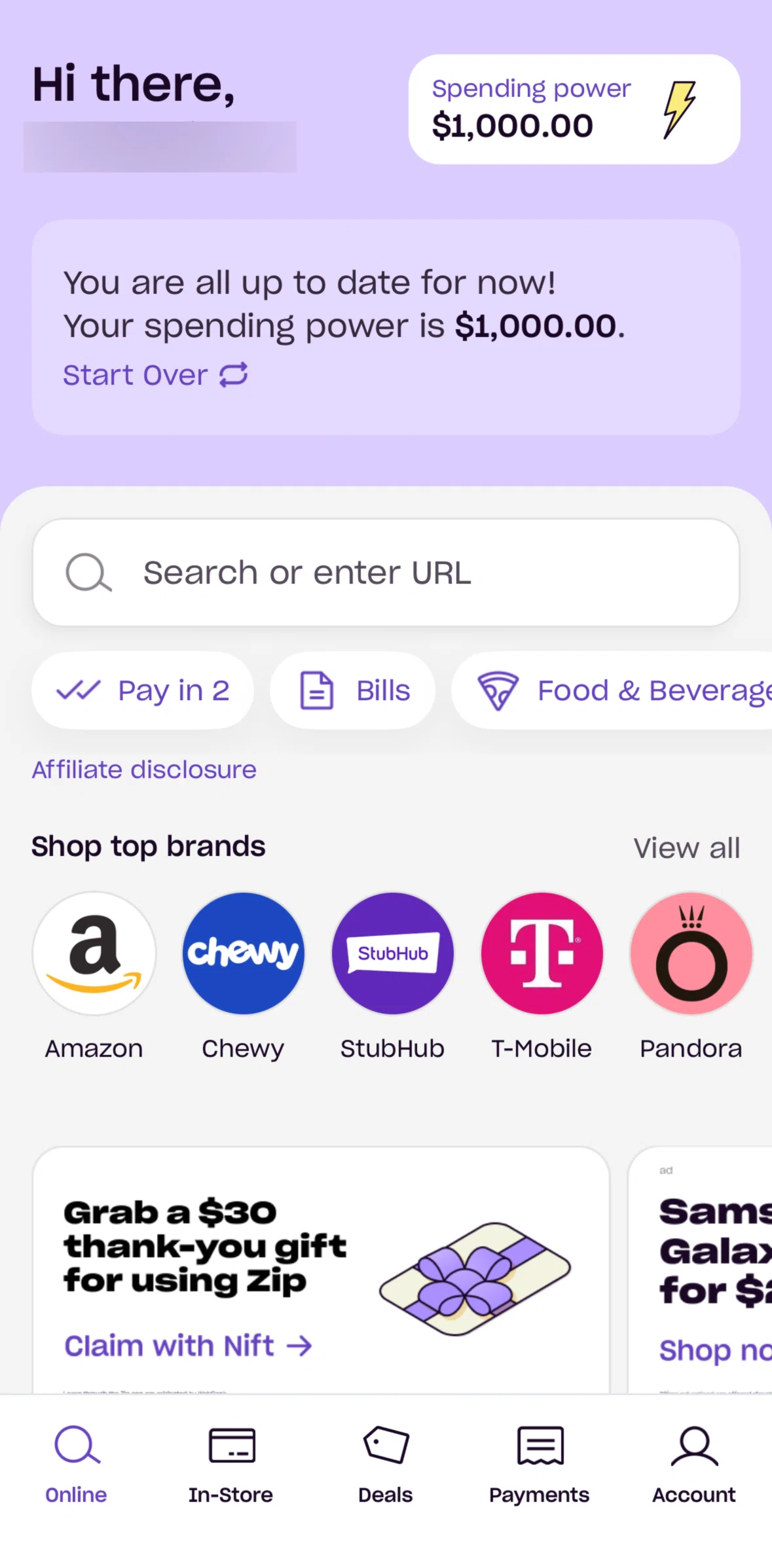 Zip Screen screen in the Deals flow