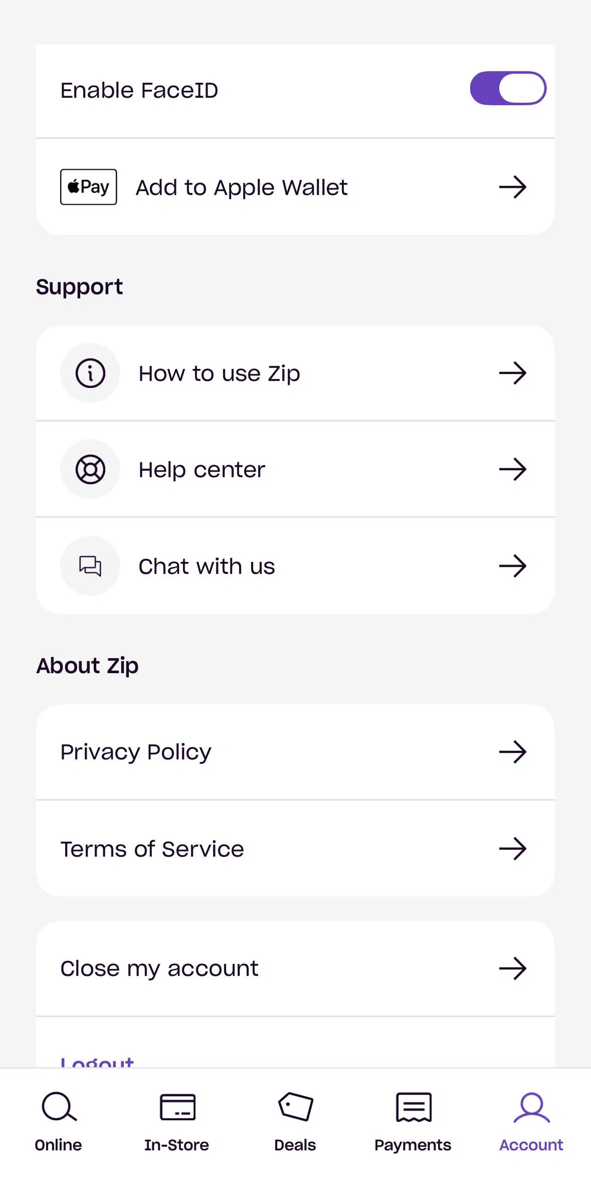 Zip Screen screen in the Deleting account flow