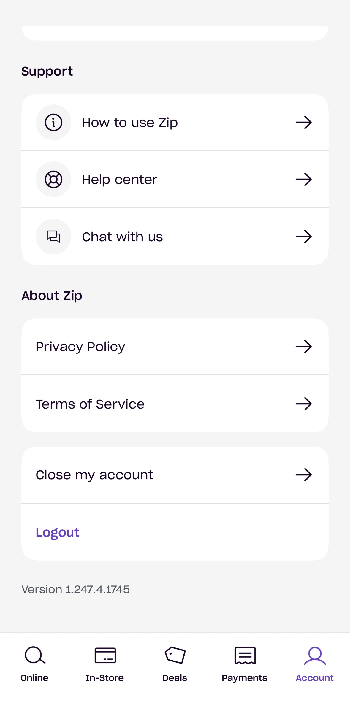 Zip Screen screen in the Logging out flow