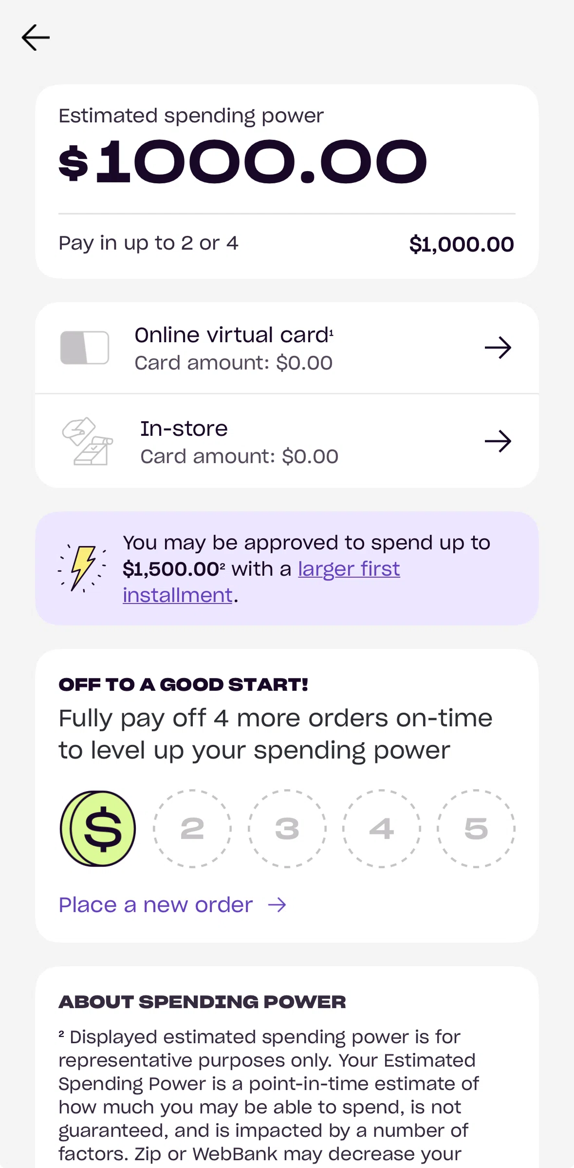 Zip Screen screen in the Online virtual card flow