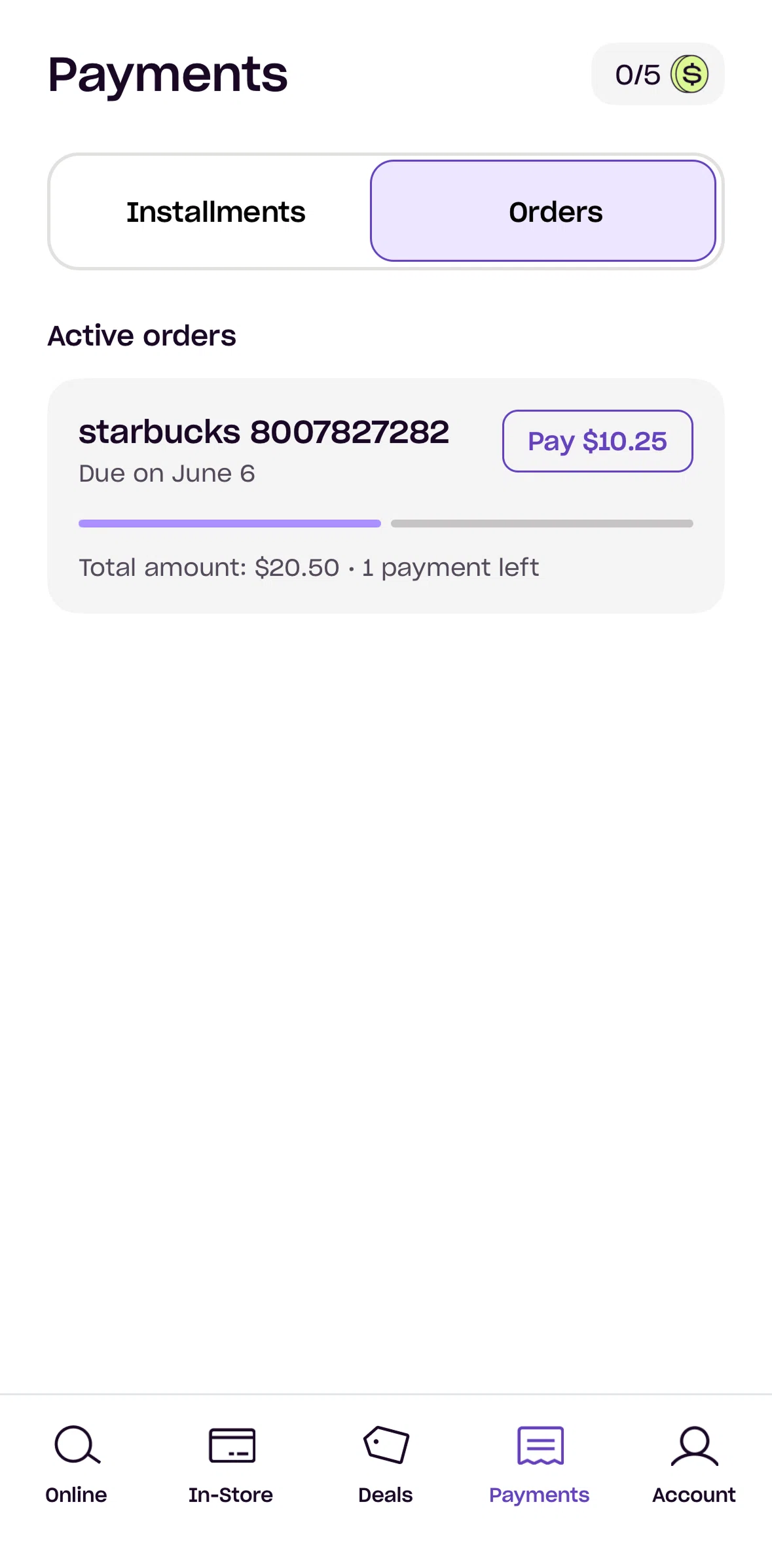 Zip Screen screen in the Order detail flow