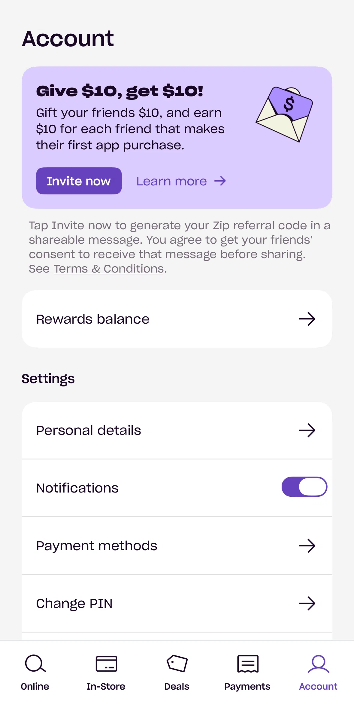 Zip Screen screen in the Payment methods flow