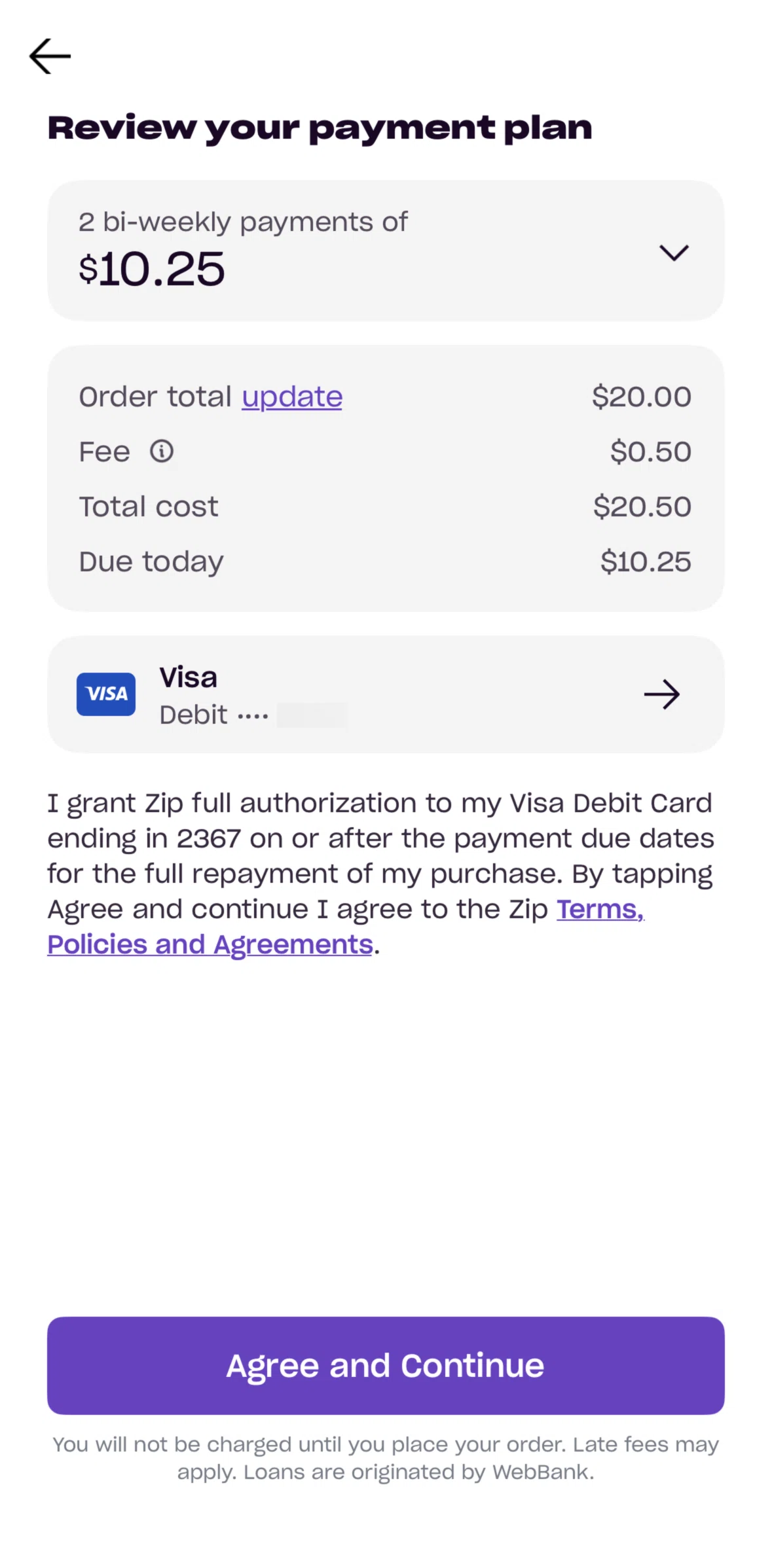 Zip Screen screen in the Select a debit card flow