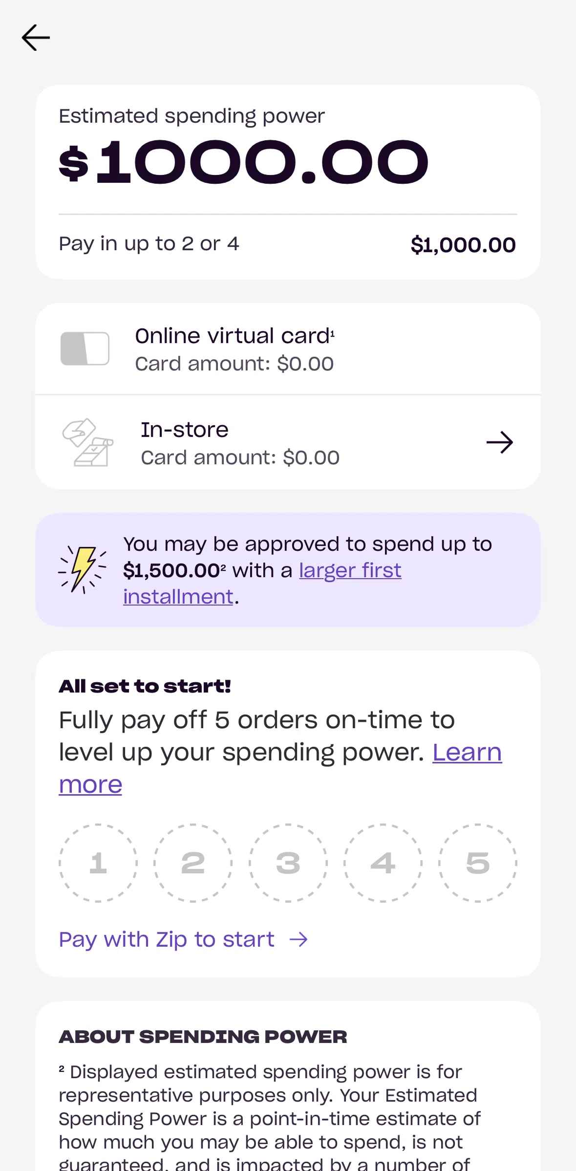 Zip Screen screen in the Spending power information flow