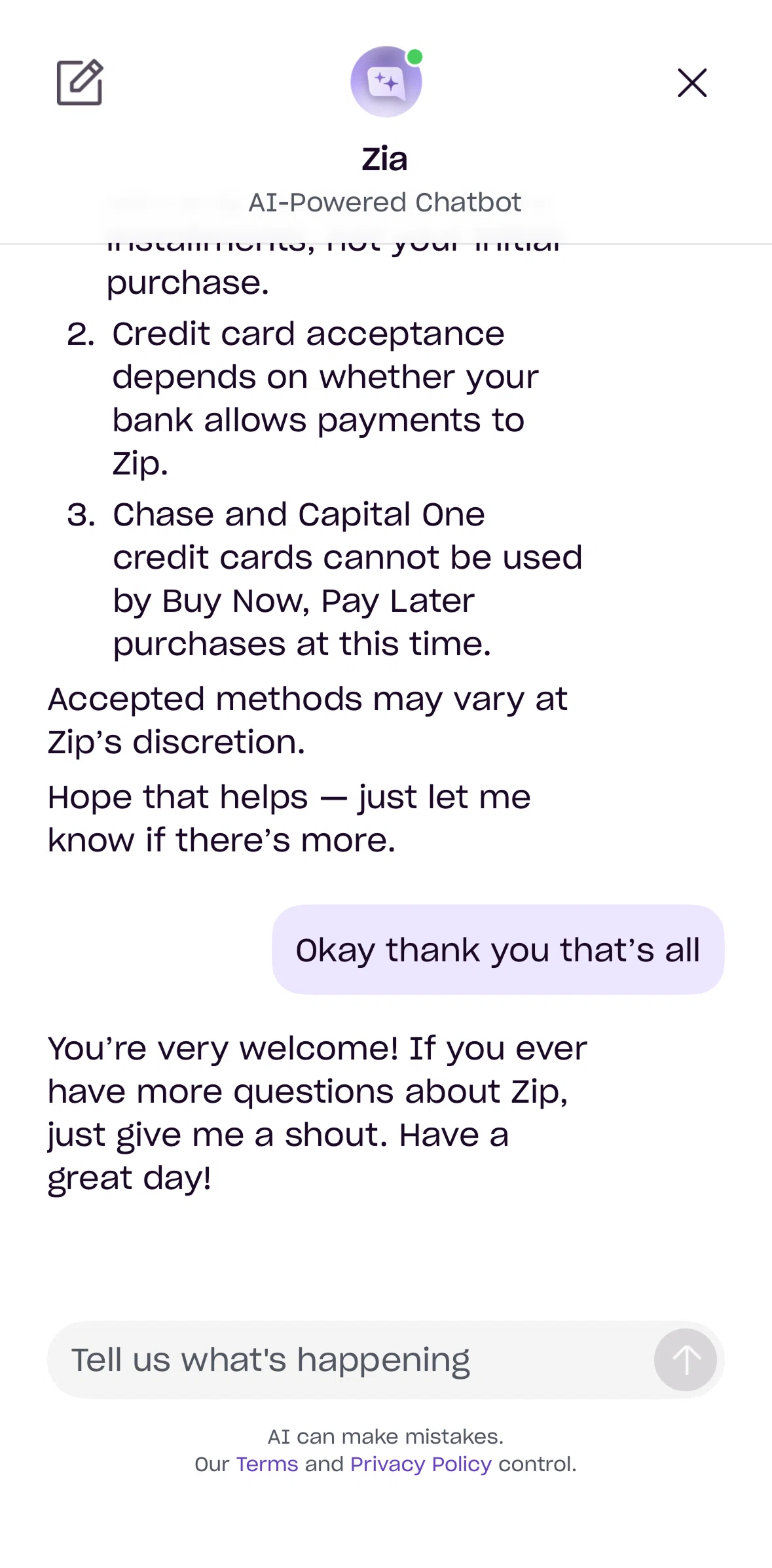 Zip Screen screen in the Starting a new chat flow