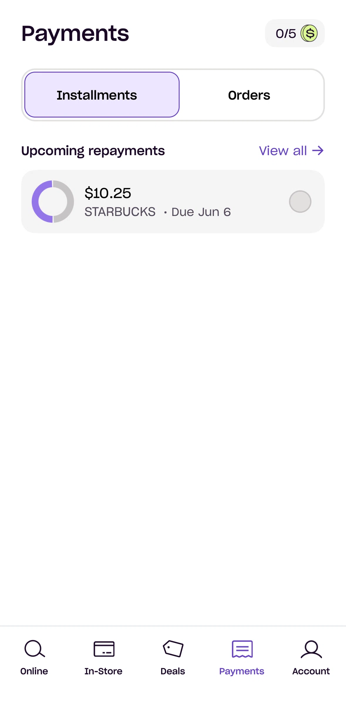 Zip Screen screen in the Upcoming repayments flow