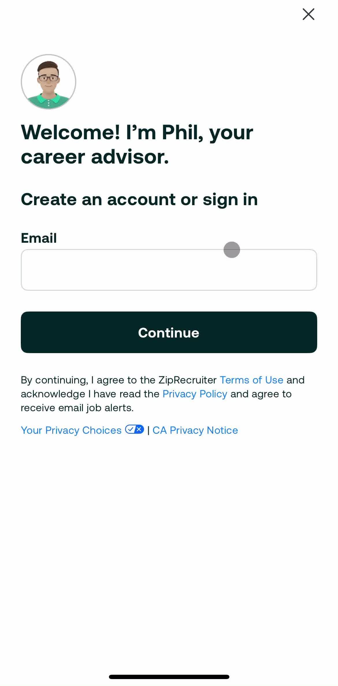 Ziprecruiter Log in screen in the Logging In flow