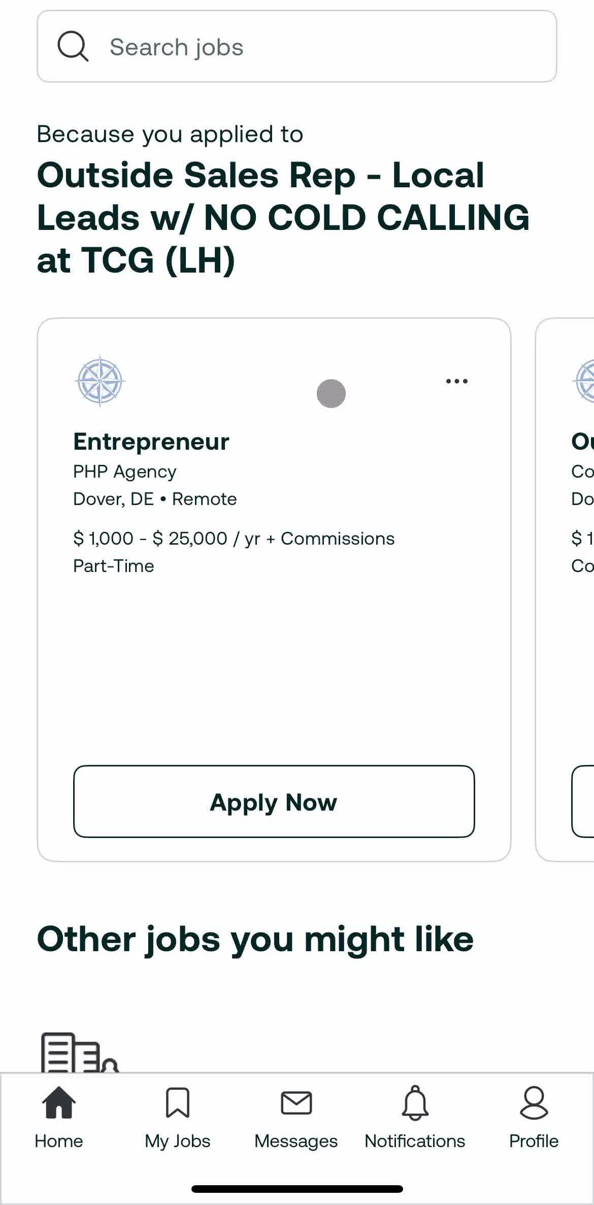 Ziprecruiter Home screen in the Reporting A Job flow