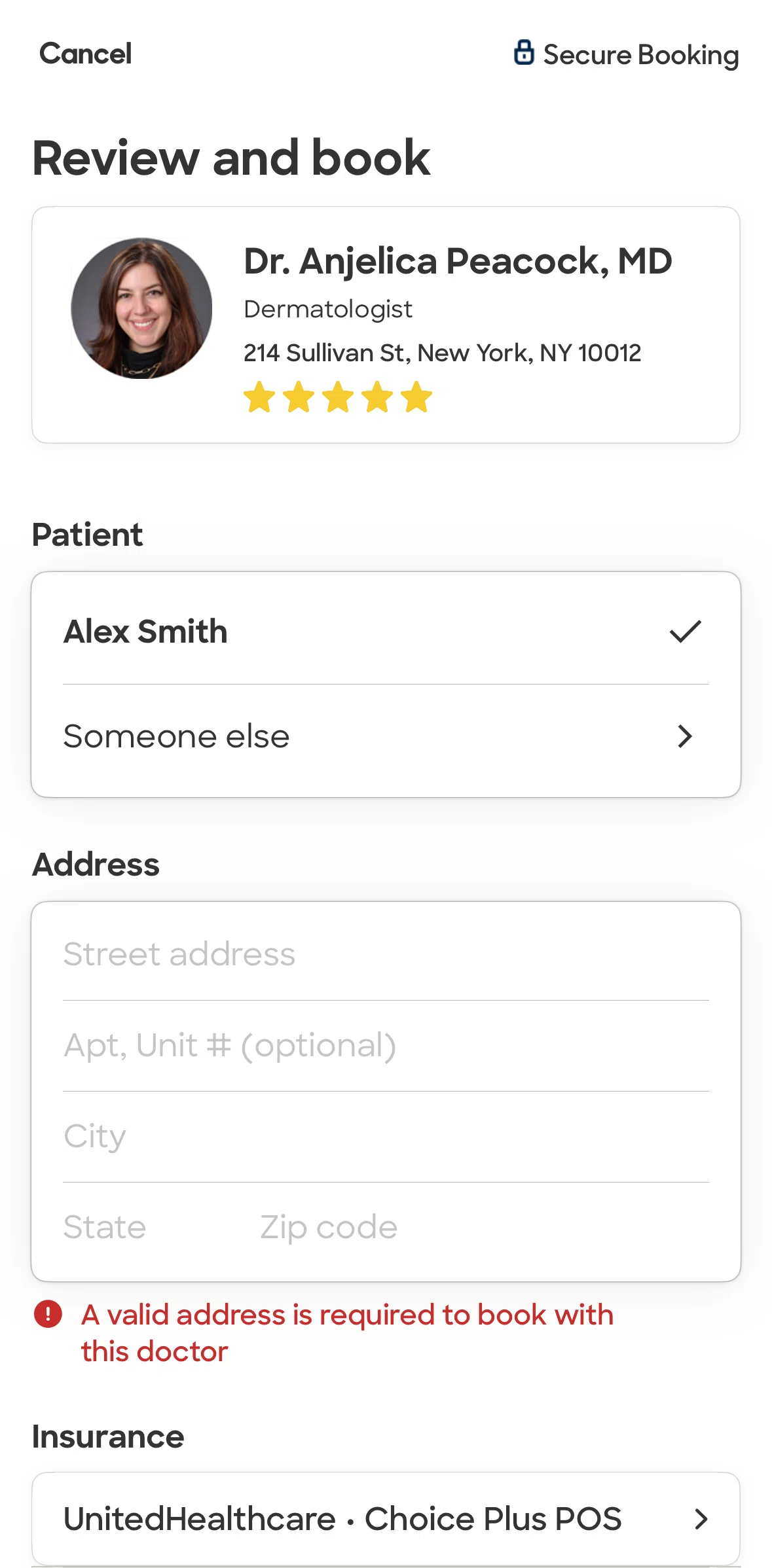 Zocdoc Screen screen in the Adding a new patient flow