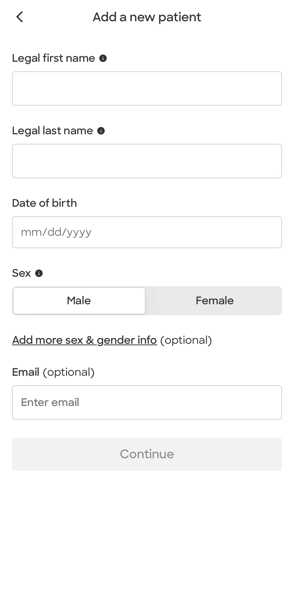 Zocdoc Screen screen in the Adding sex & gender information flow