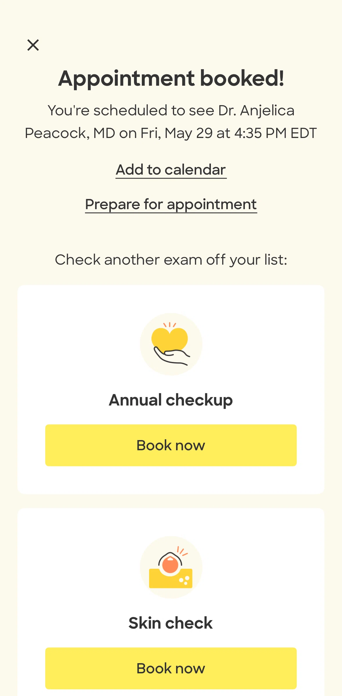 Zocdoc Screen screen in the Adding to calendar flow