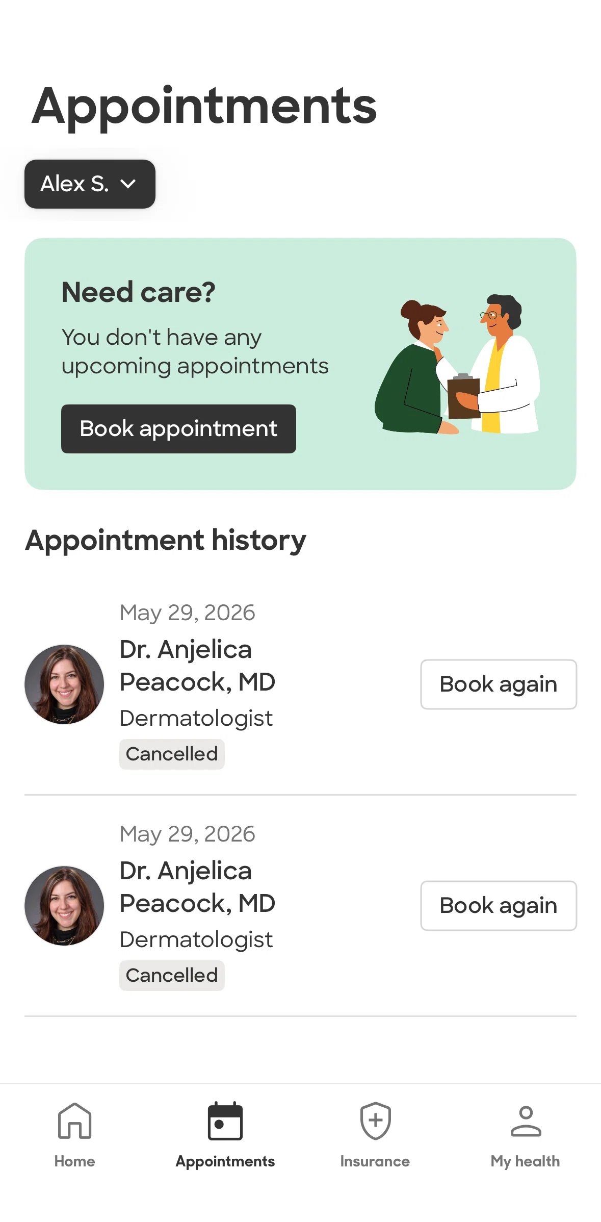 Zocdoc Screen screen in the Appointment detail (cancelled) flow