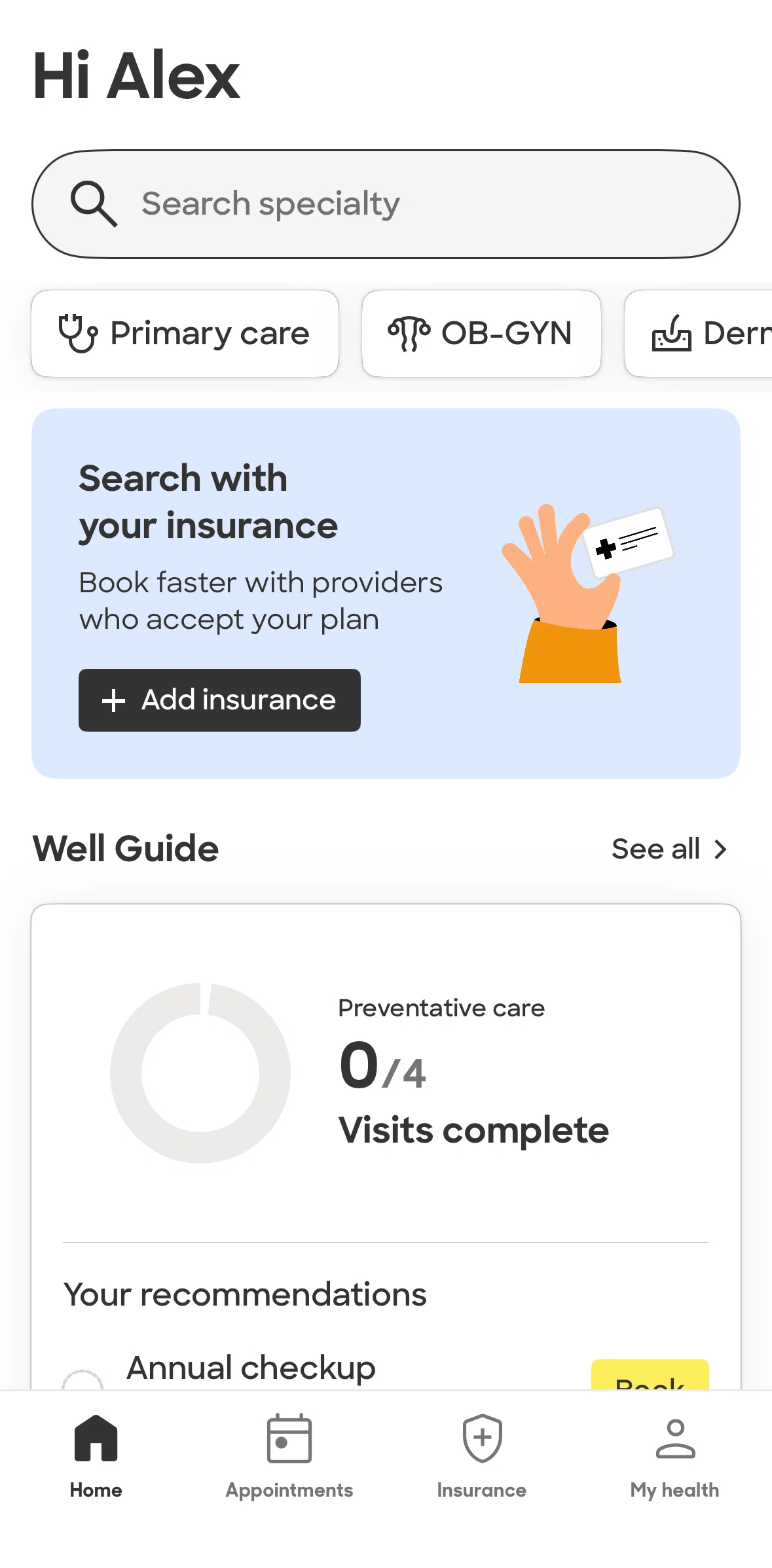 Zocdoc Screen screen in the Appointments flow