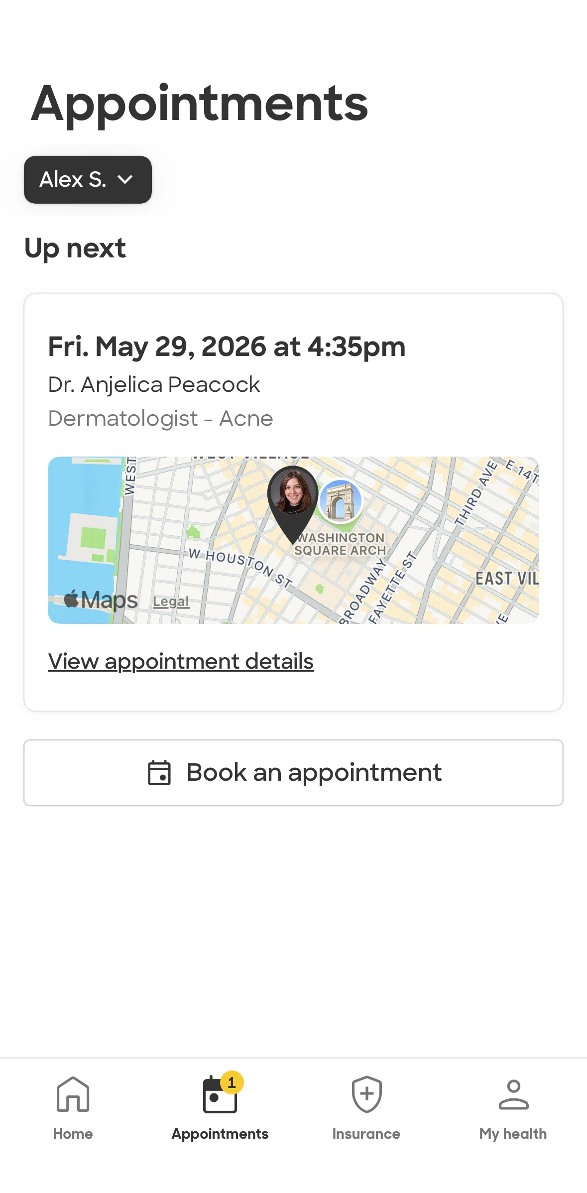 Zocdoc Screen screen in the Booking an appointment (appoinments) flow