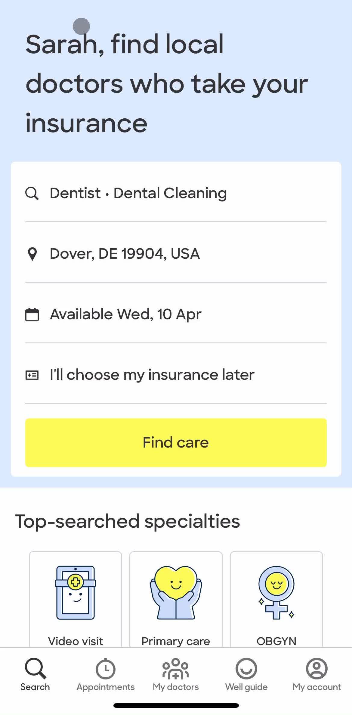 Zocdoc Home screen in the Booking An Appointment flow