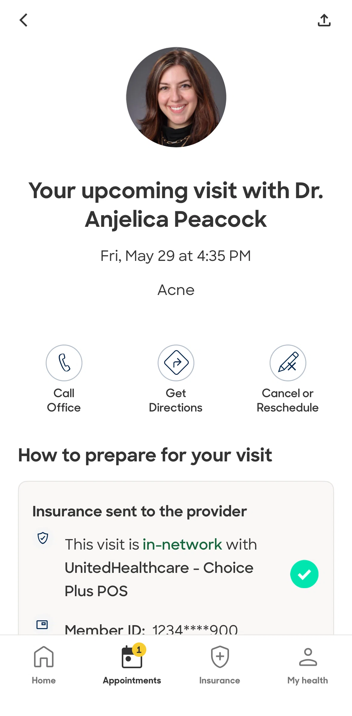 Zocdoc Screen screen in the Canceling an appointment flow