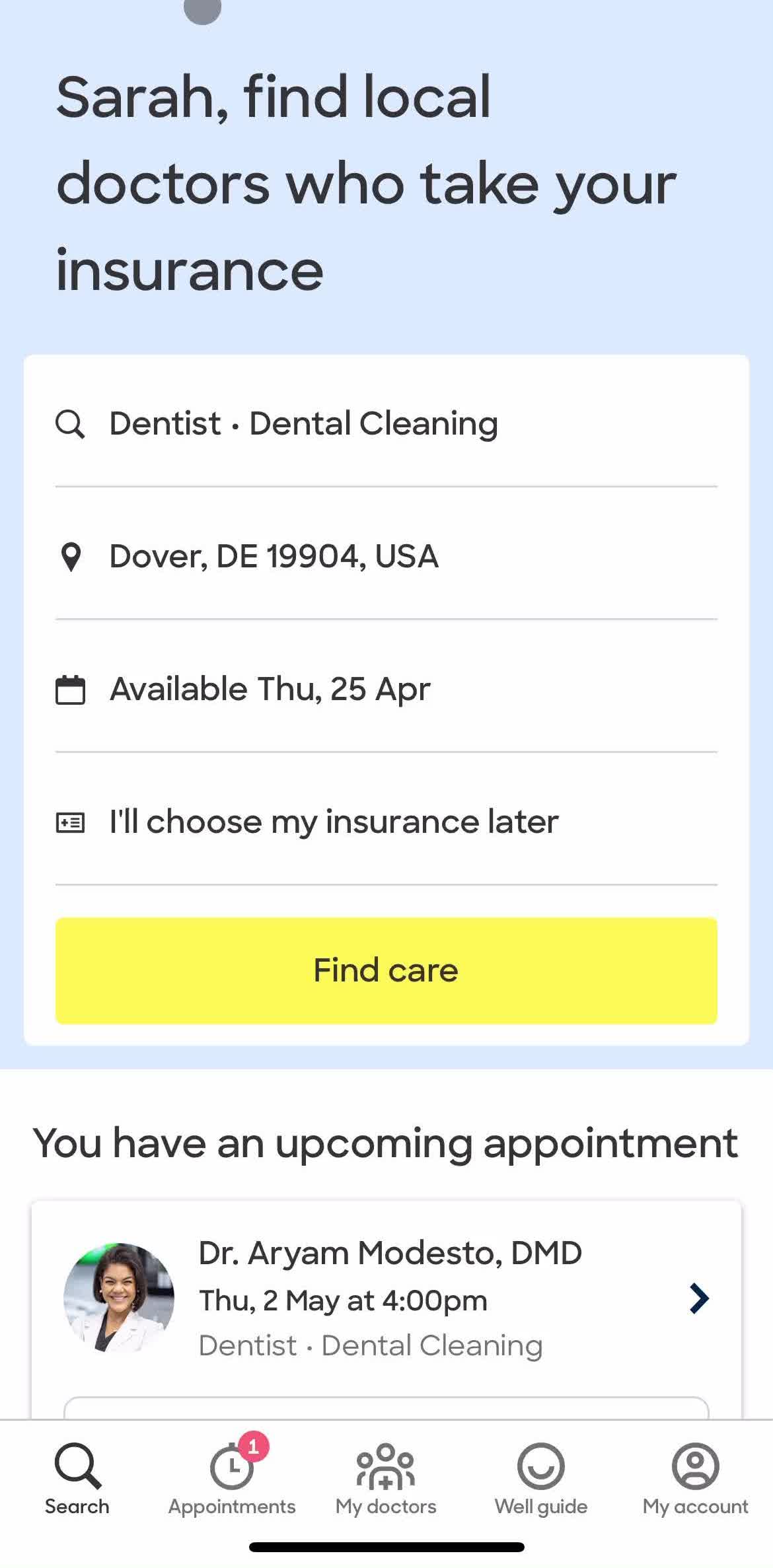 Zocdoc Home screen in the Cancelling An Appointment flow