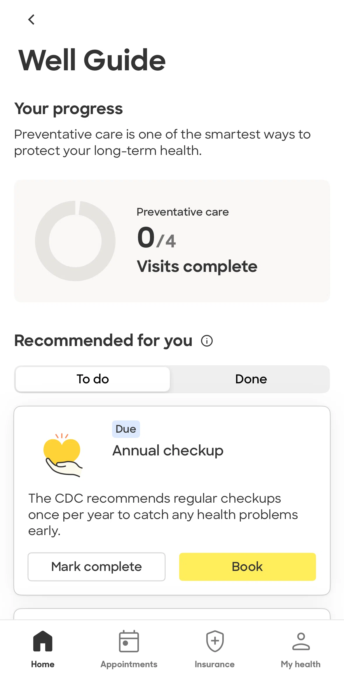 Zocdoc Screen screen in the Completing well guide tasks flow
