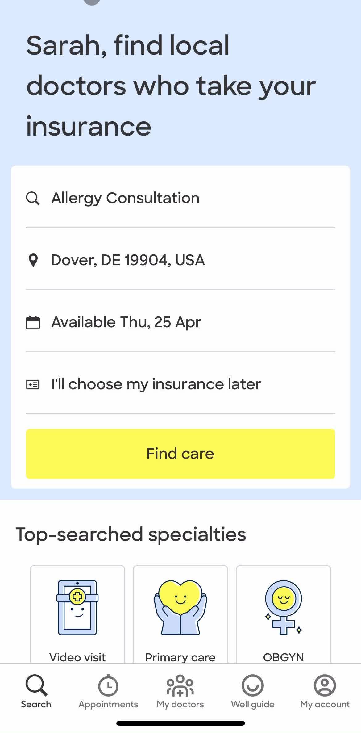 Zocdoc Home screen in the Deleting Your Account flow