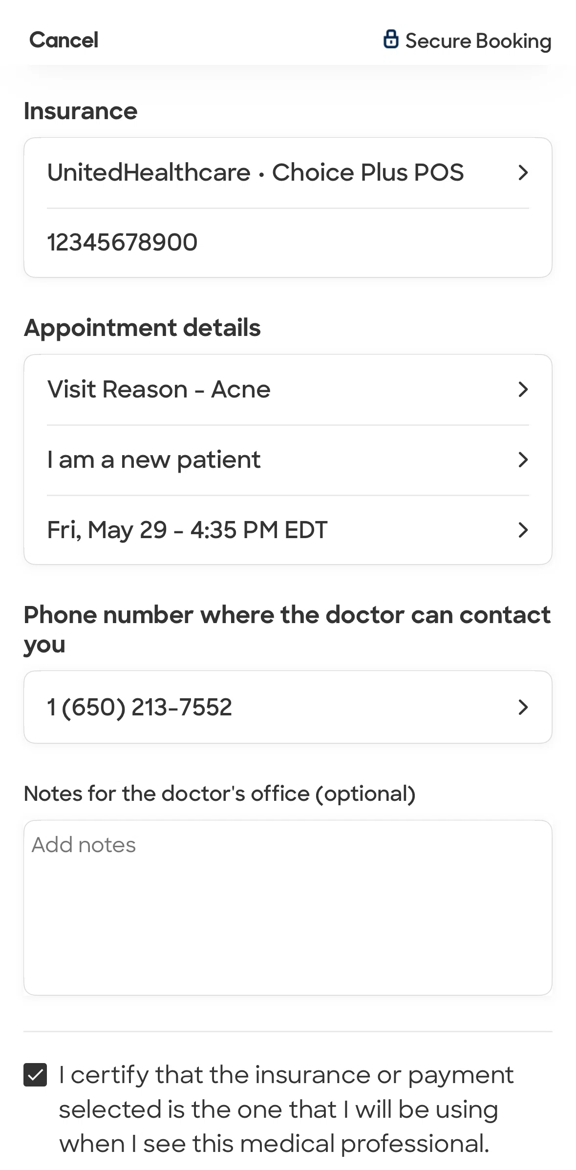 Zocdoc Screen screen in the Editing an appointment flow