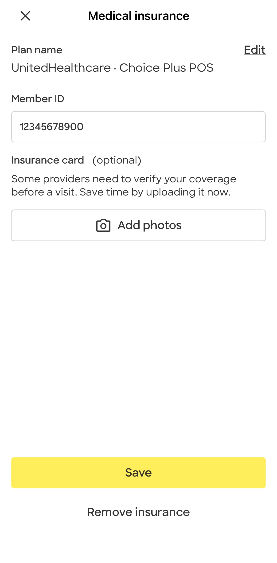 Zocdoc Screen screen in the Editing an insurance flow