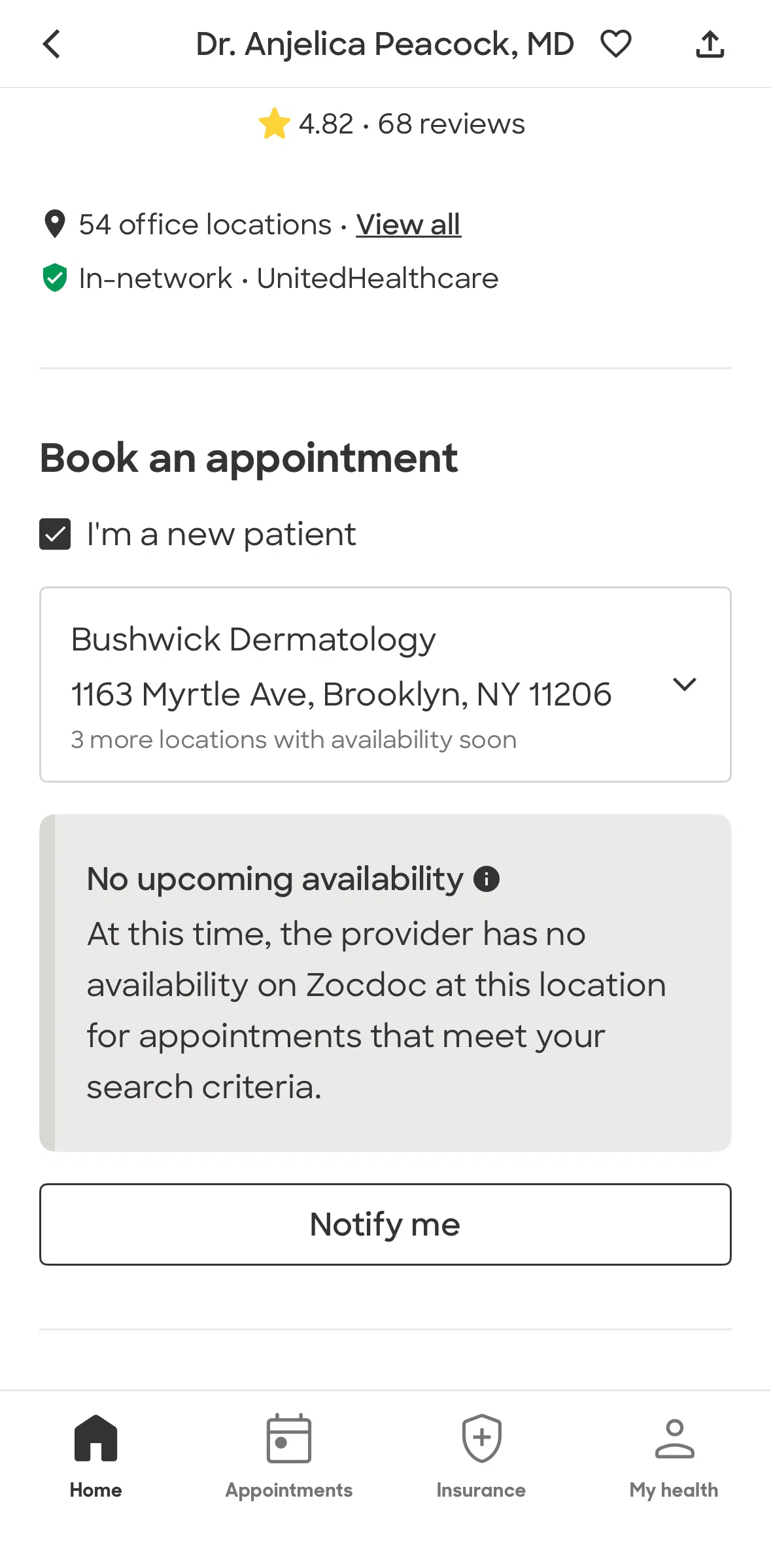 Zocdoc Screen screen in the Enabling a notification flow