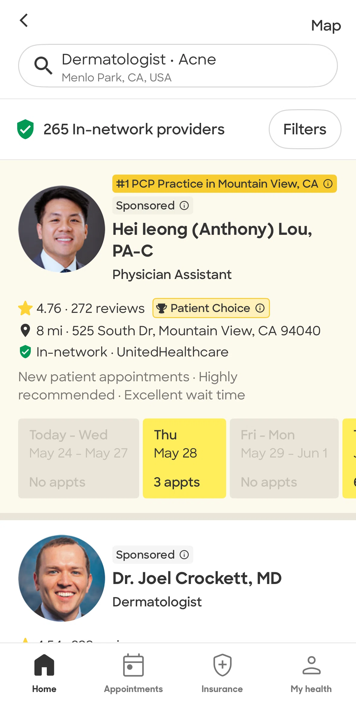 Zocdoc Screen screen in the Filtering providers flow