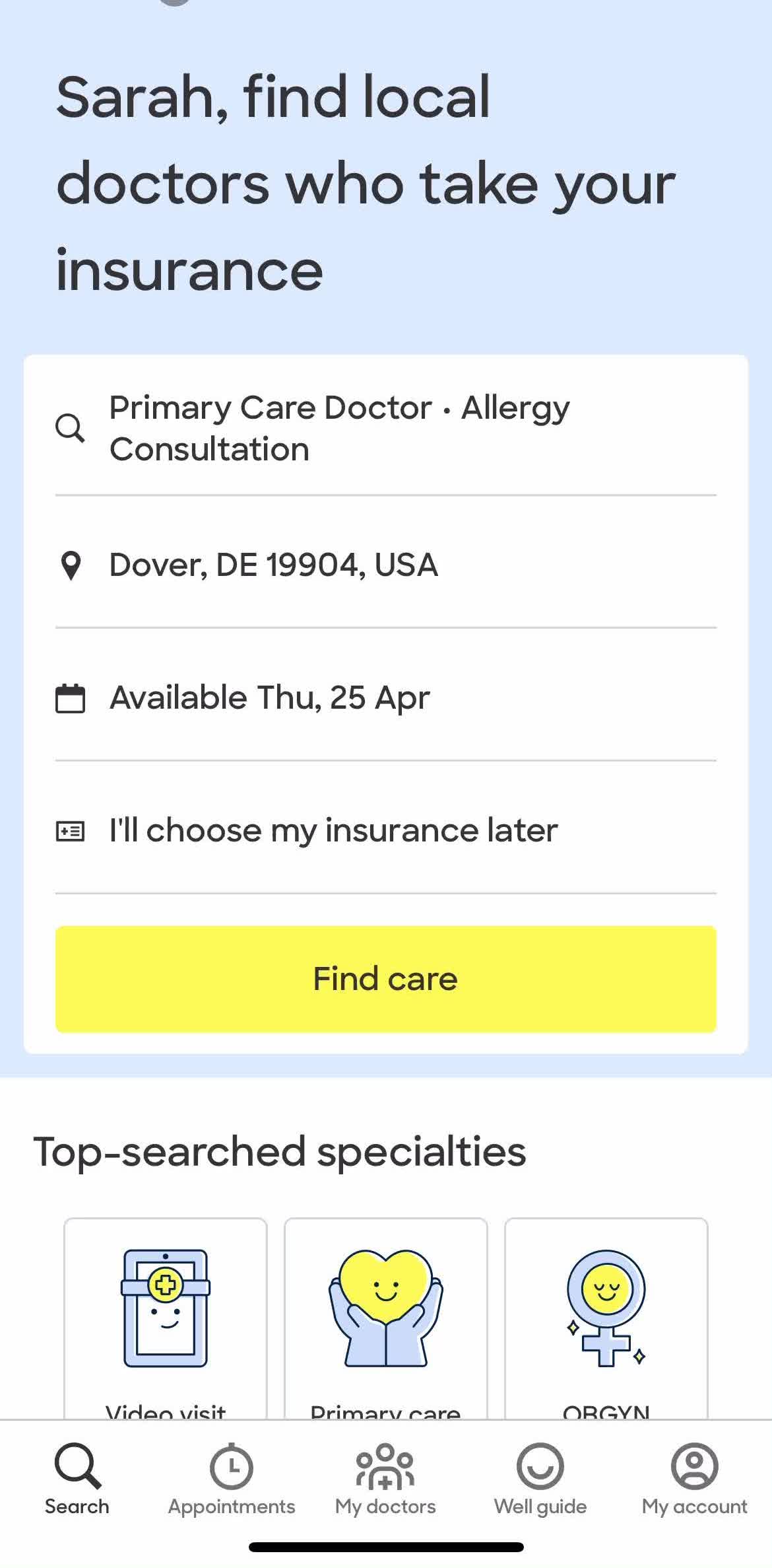 Zocdoc Home screen in the General Browsing flow