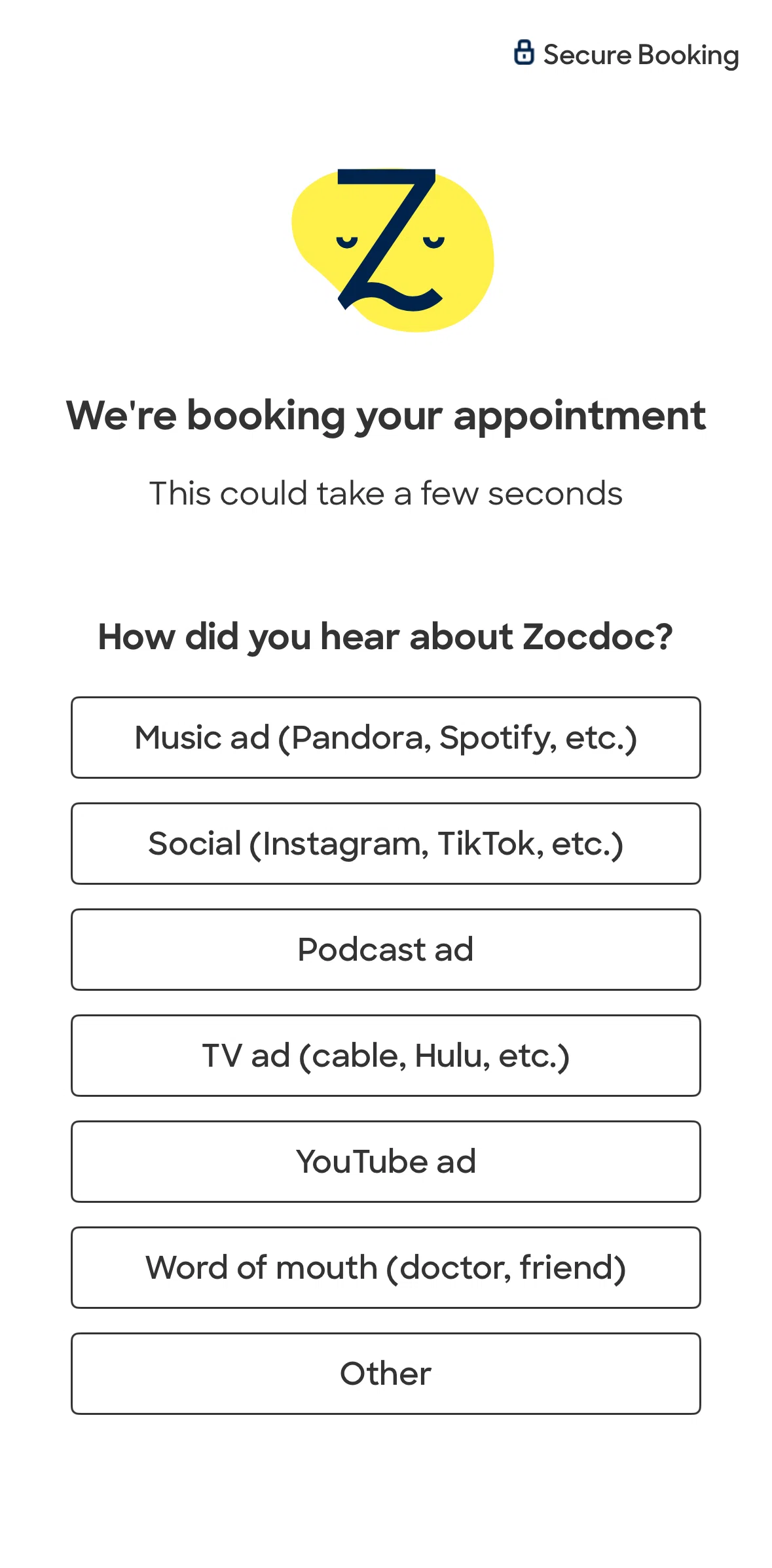 Zocdoc Screen screen in the Giving feedback (appointment) flow