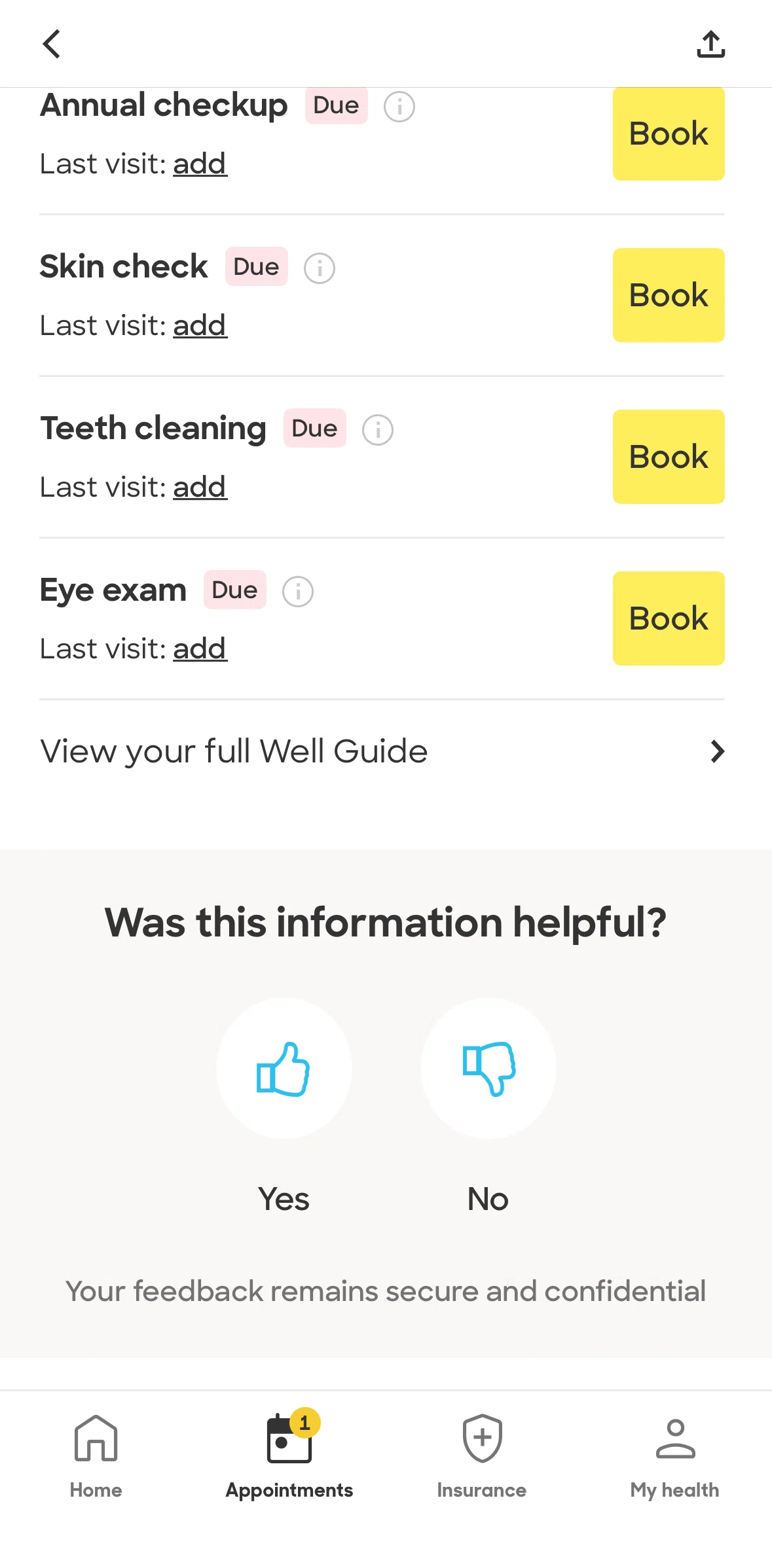 Zocdoc Screen screen in the Giving feedback (booking detail) flow