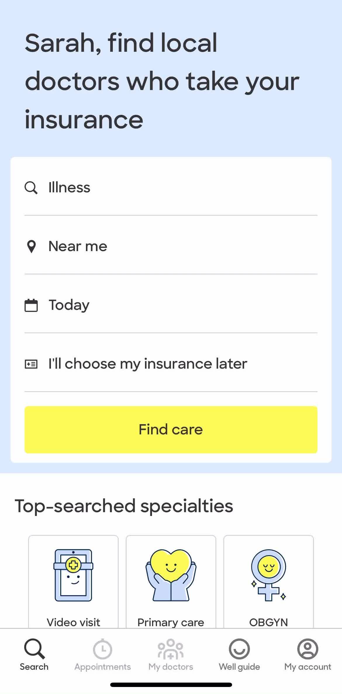 Zocdoc Home screen in the Help Center flow