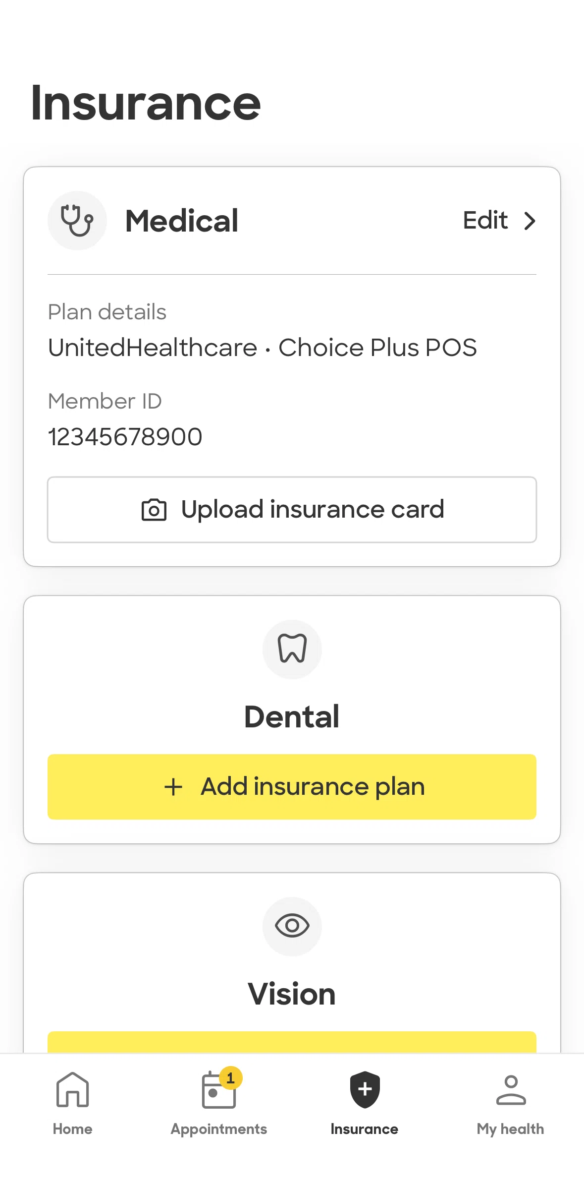 Zocdoc Screen screen in the Insurance detail flow